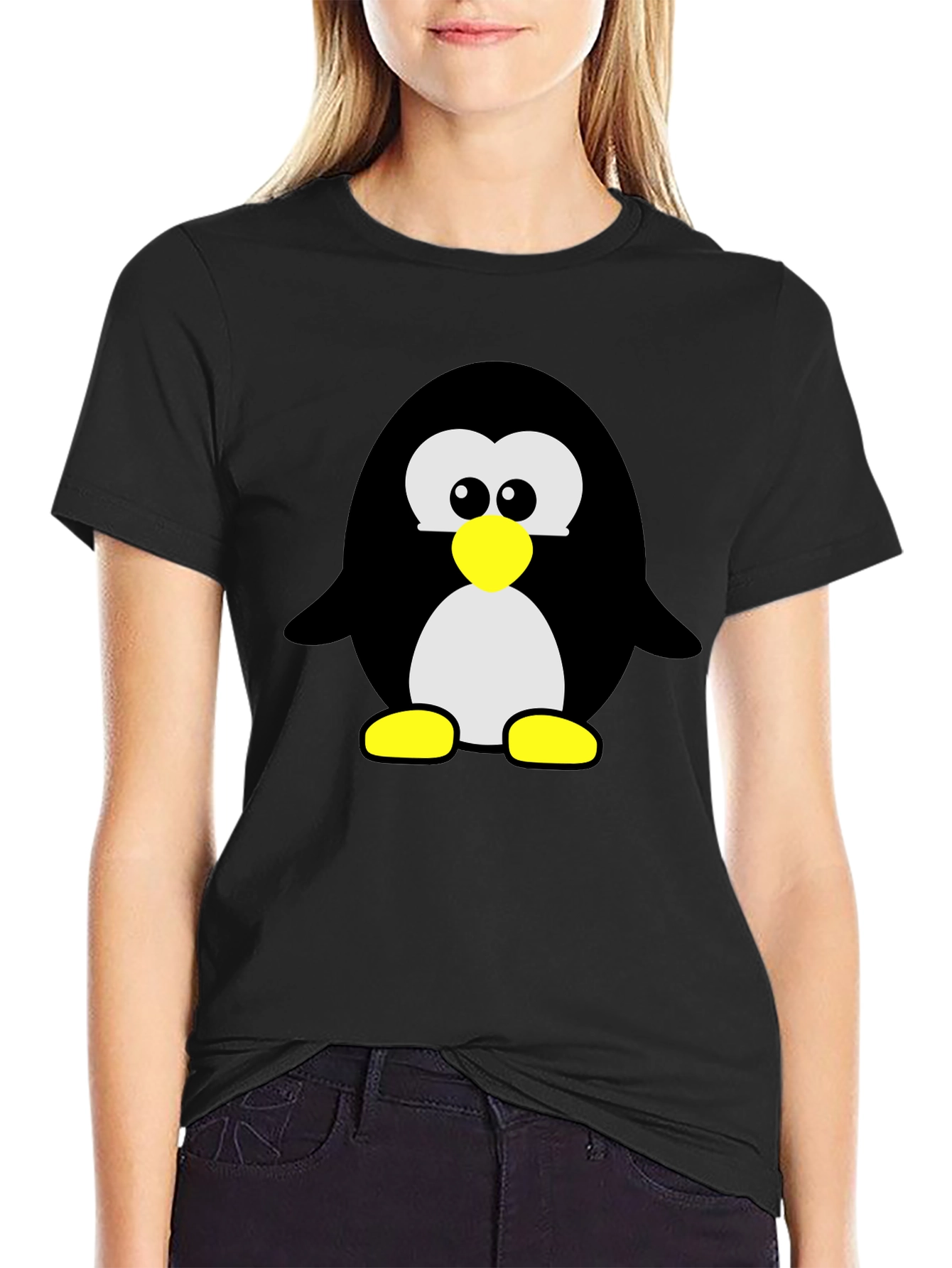 Black Cartoon Penguin Graphic Print T-Shirt - Black view 2