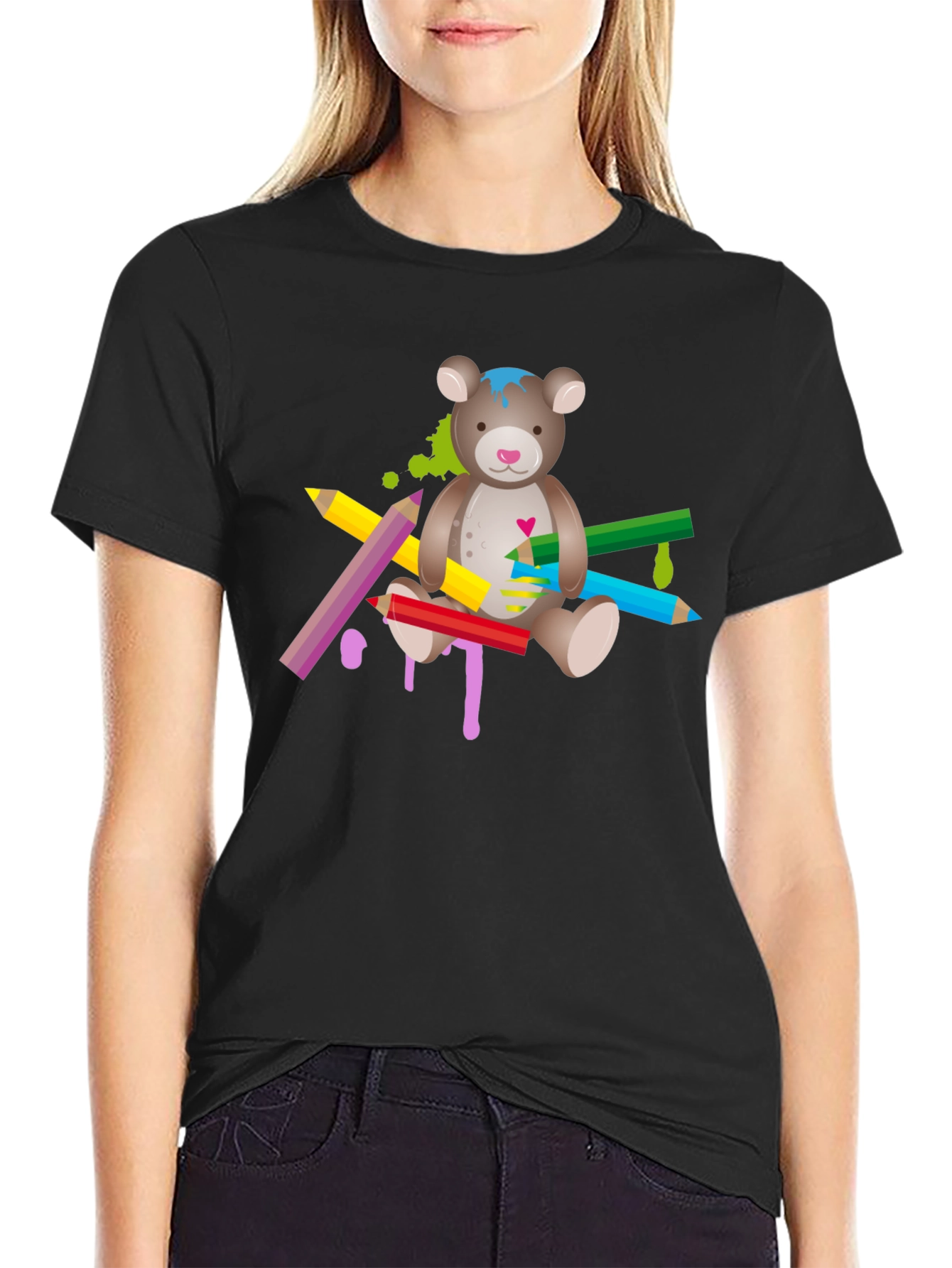 Black Cute Teddy Bear & Colorful Pencils Graphic T-Shirt - Unisex view 2