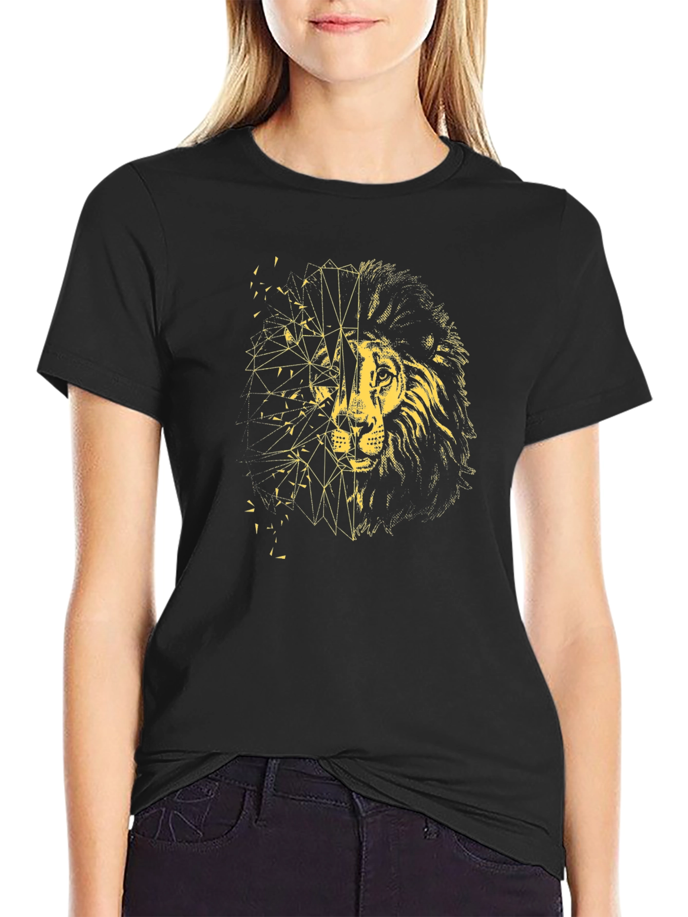Black Geometric Lion Graphic Tee - Black view 2