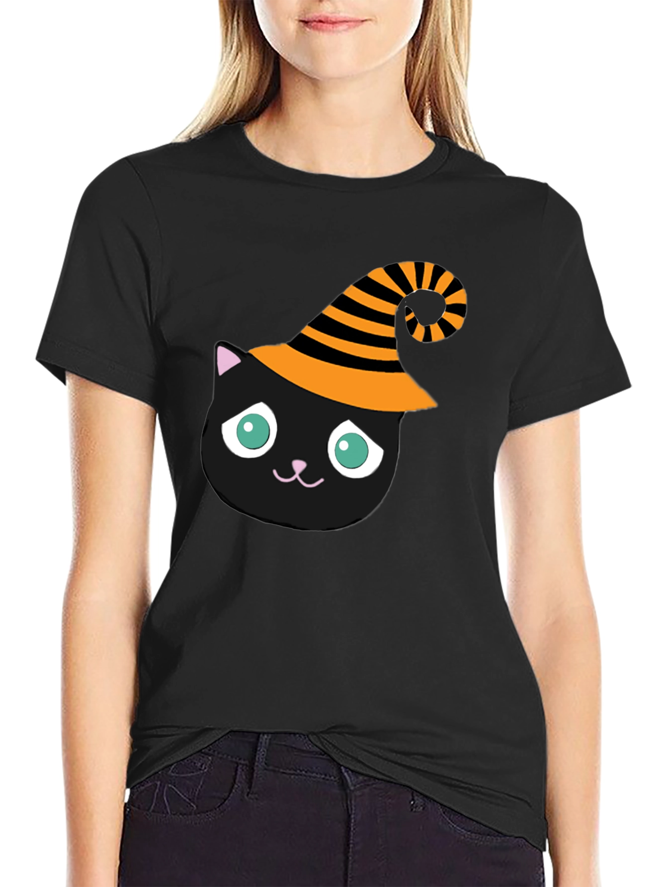 Black Halloween Cat T-Shirt - Witch Hat Black Cat Tee view 2