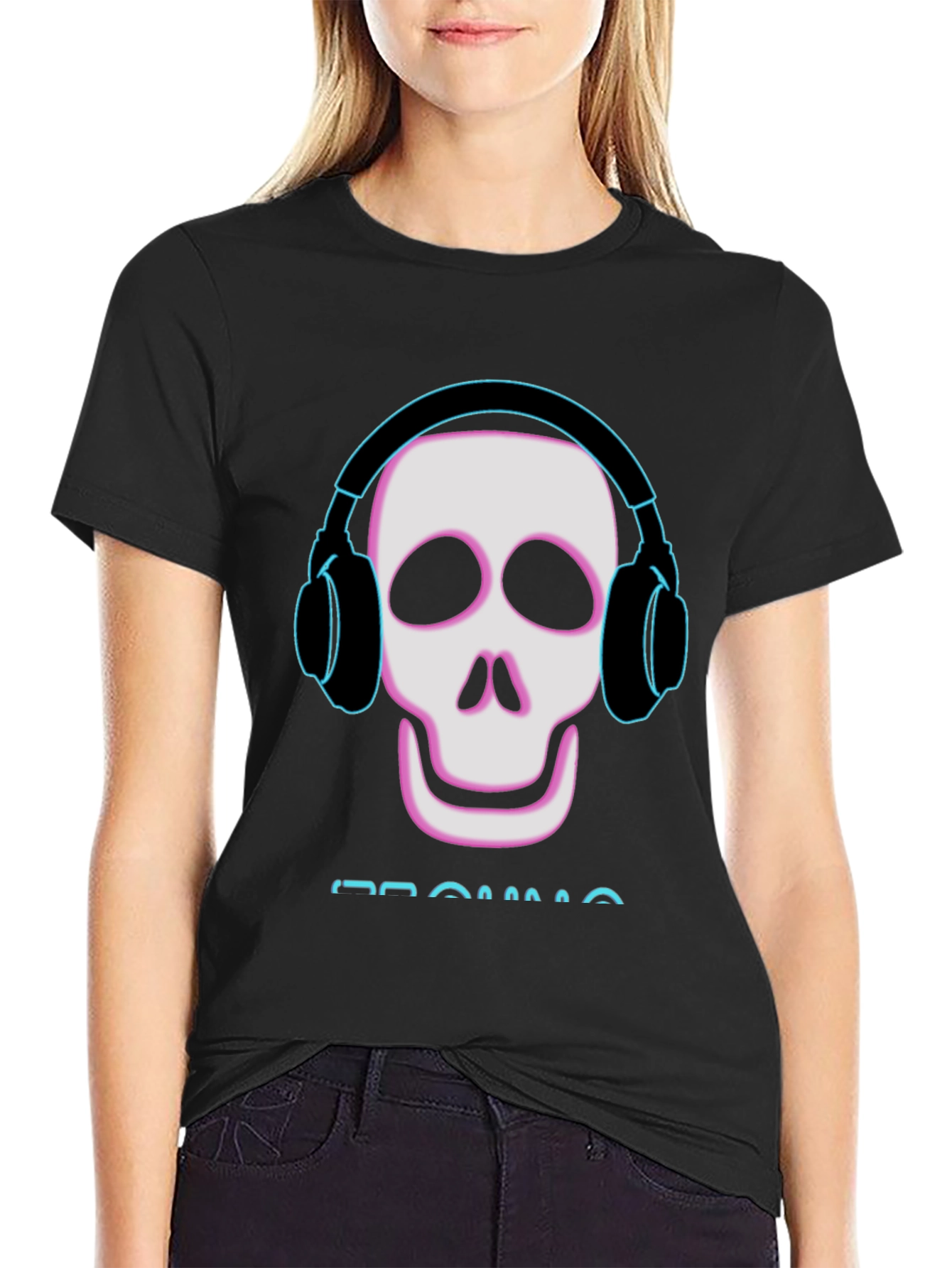 Black Skull with Headphones Black T-Shirt view 2