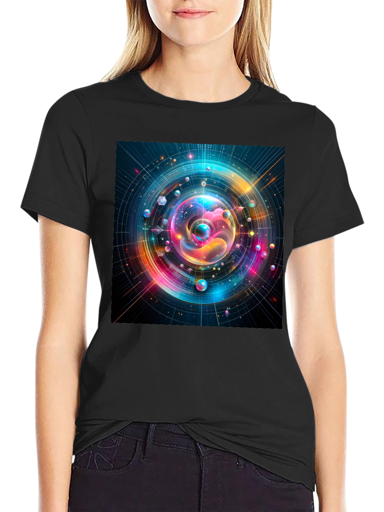 Black Colorful Space T-Shirt - Unique Design view 2