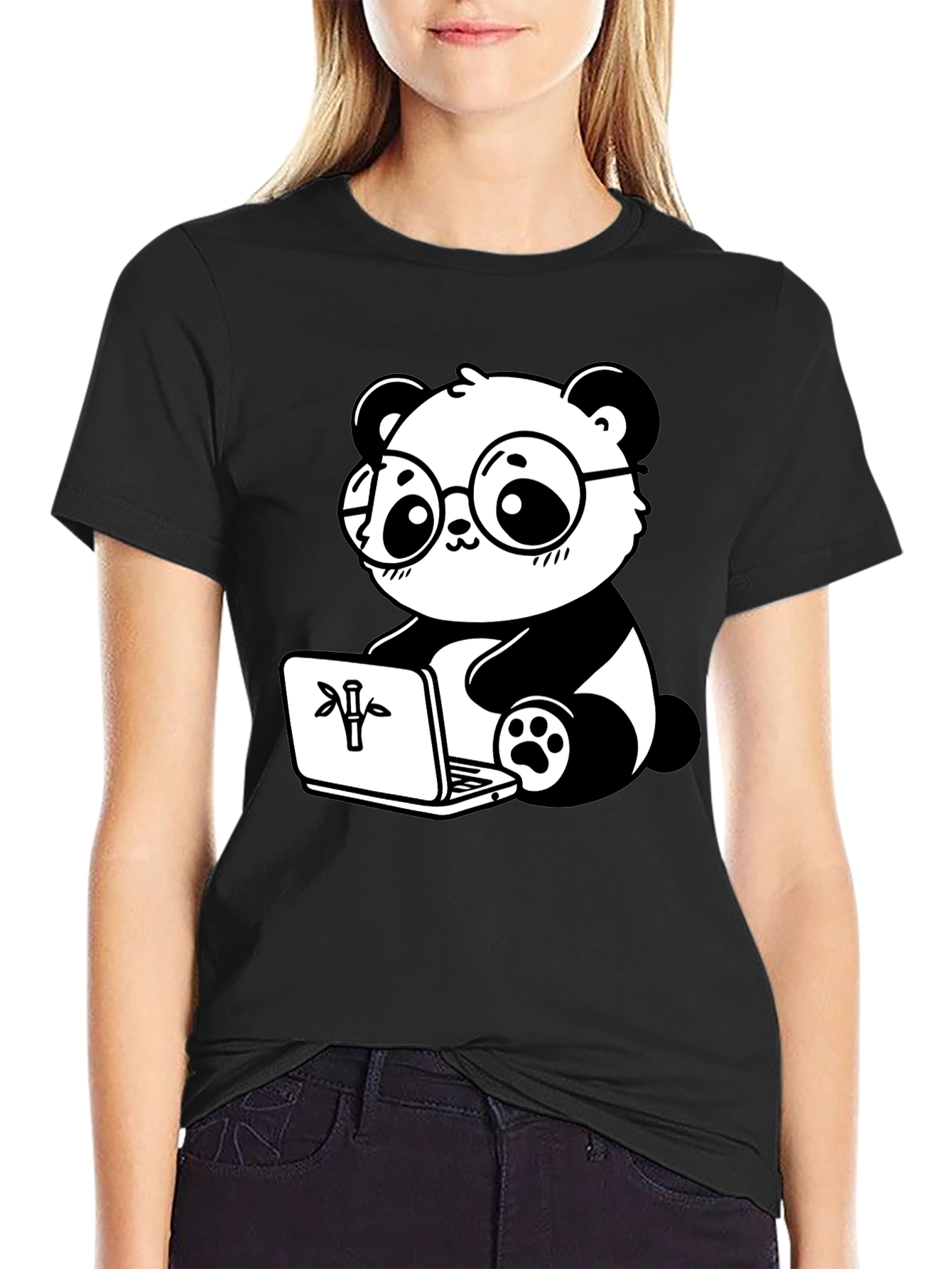 Black Cute Panda Laptop Graphic T-Shirt view 2