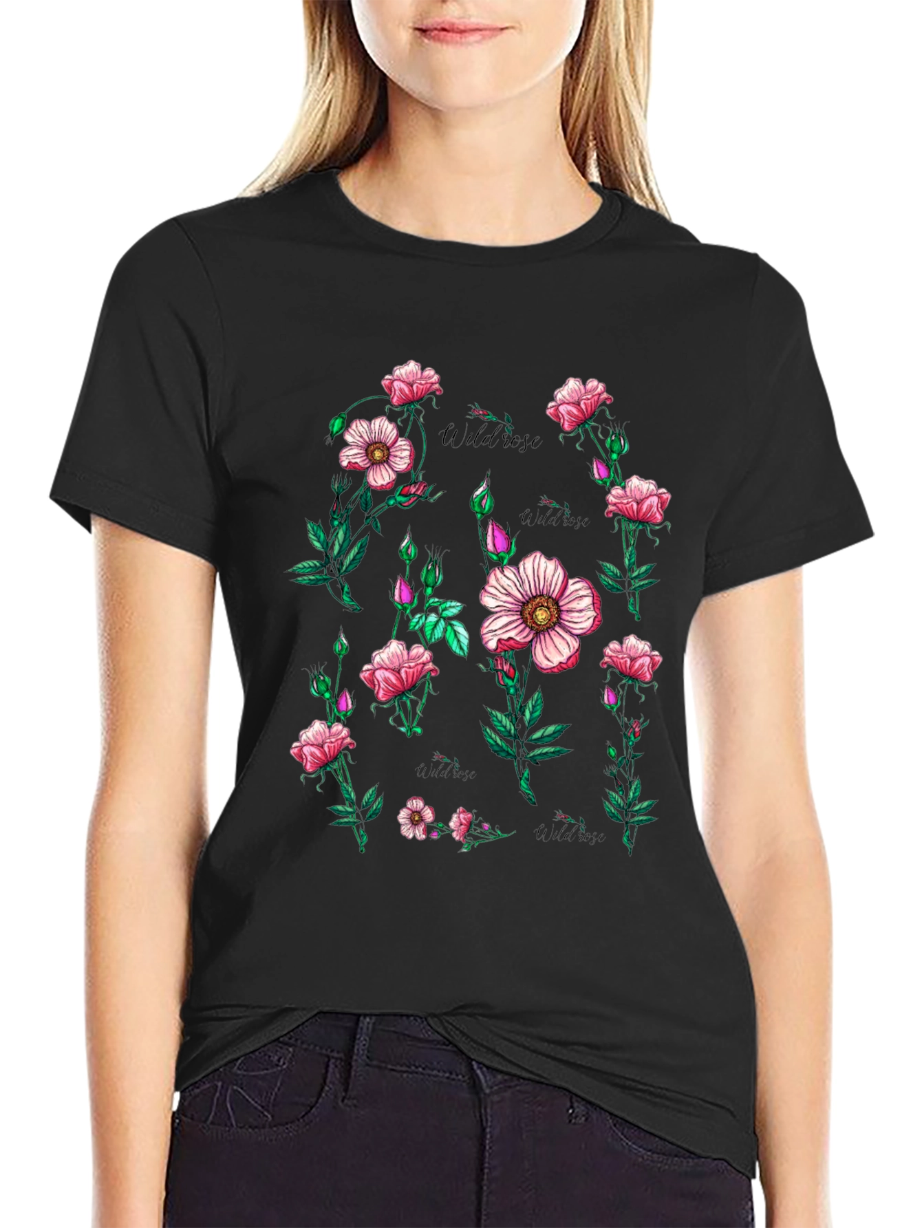Black Wildrose Floral Print Black T-Shirt view 2