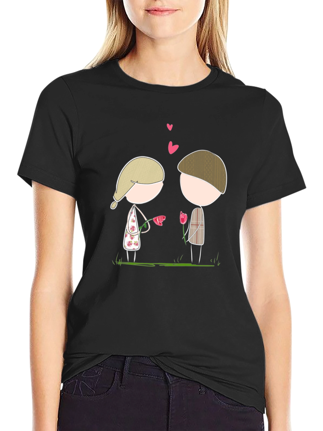 Black Cute Couple Cartoon Graphic Tee view 2