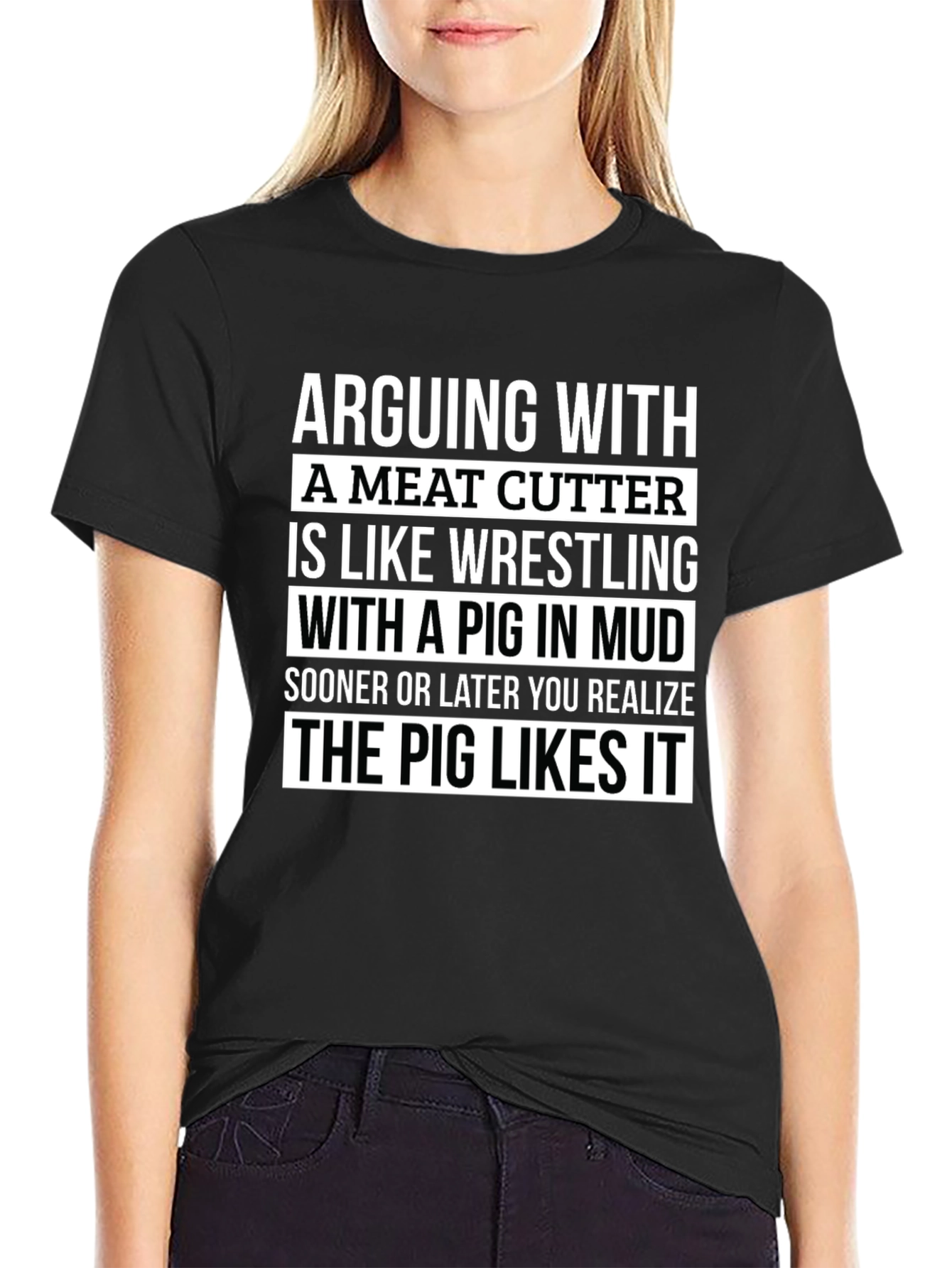 Black Meat Cutter Pig T-Shirt: Arguing is Like Wrestling view 2