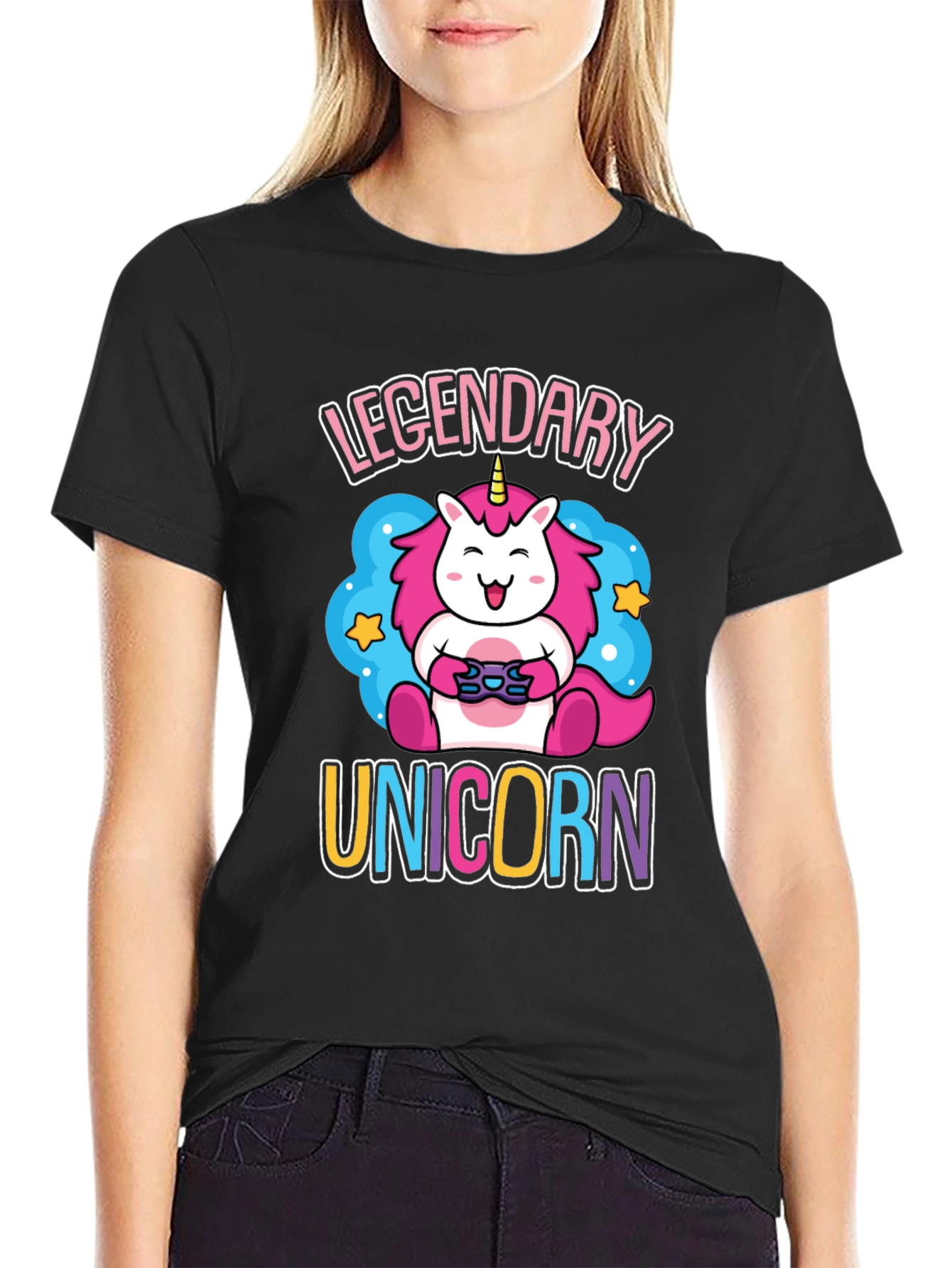 Black Legendary Unicorn Gamer Graphic T-Shirt view 2