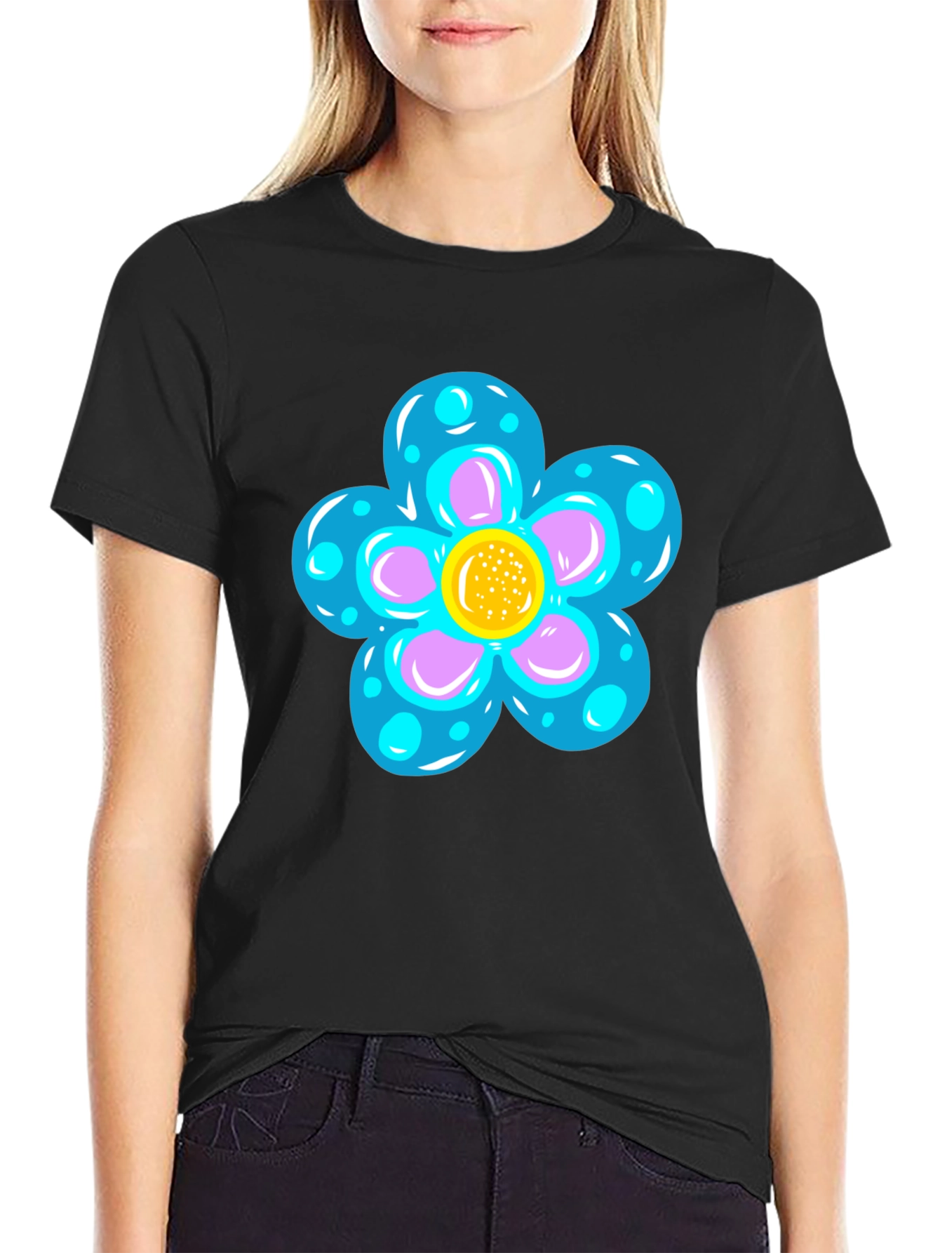 Black Funky Flower Graphic Black T-Shirt view 2