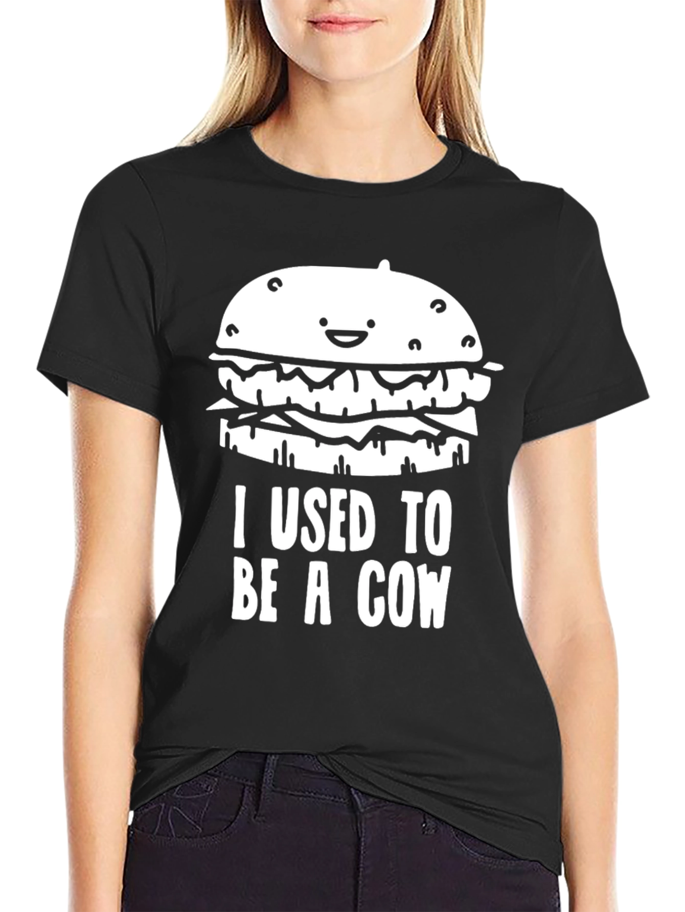 Black Funny Hamburger T-Shirt: I Used to Be a Cow view 2