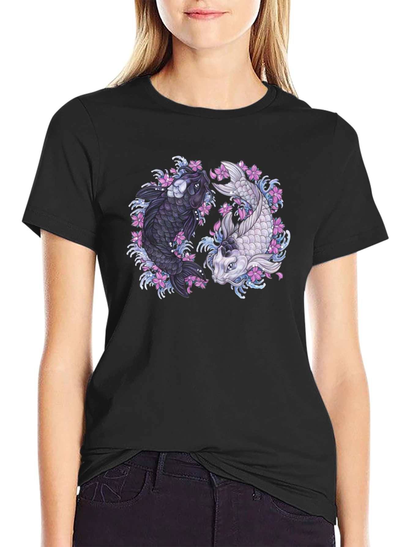 Black Yin Yang Koi Fish Graphic Tee view 2