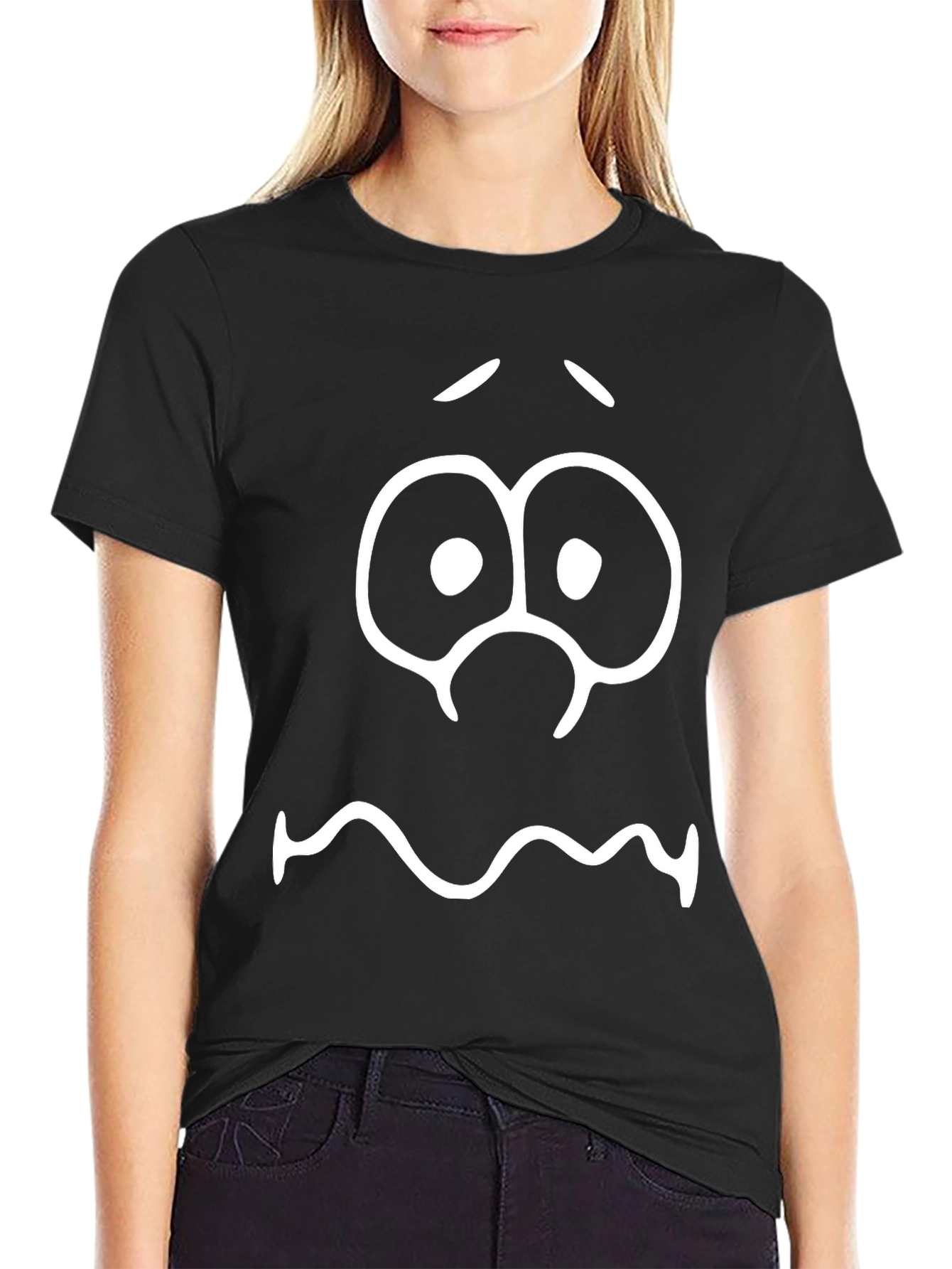 Black Funny Graphic Tee - Scared Face Black T-Shirt view 2