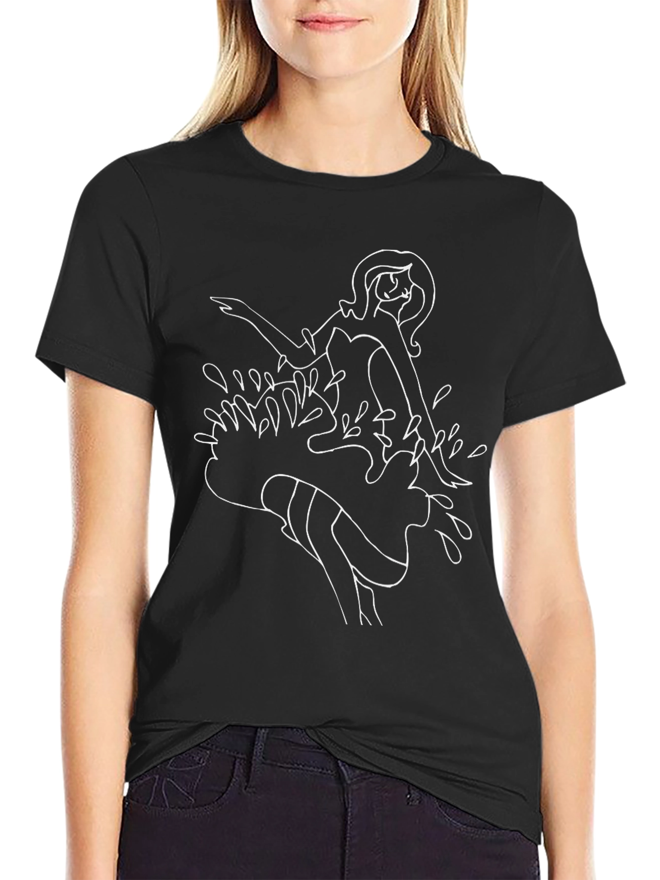 Black Unique Black Tee with Line Art Woman in Water Graphic view 2