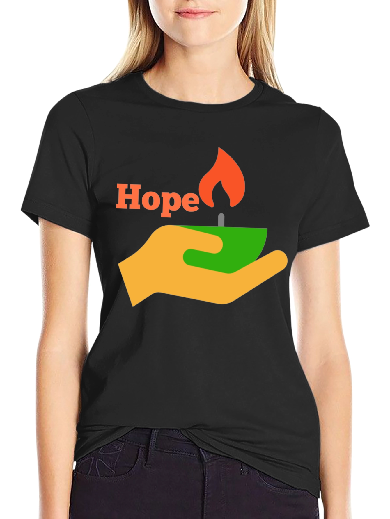 Black Hope T-Shirt - Graphic Tee with Hand and Candle Design view 2