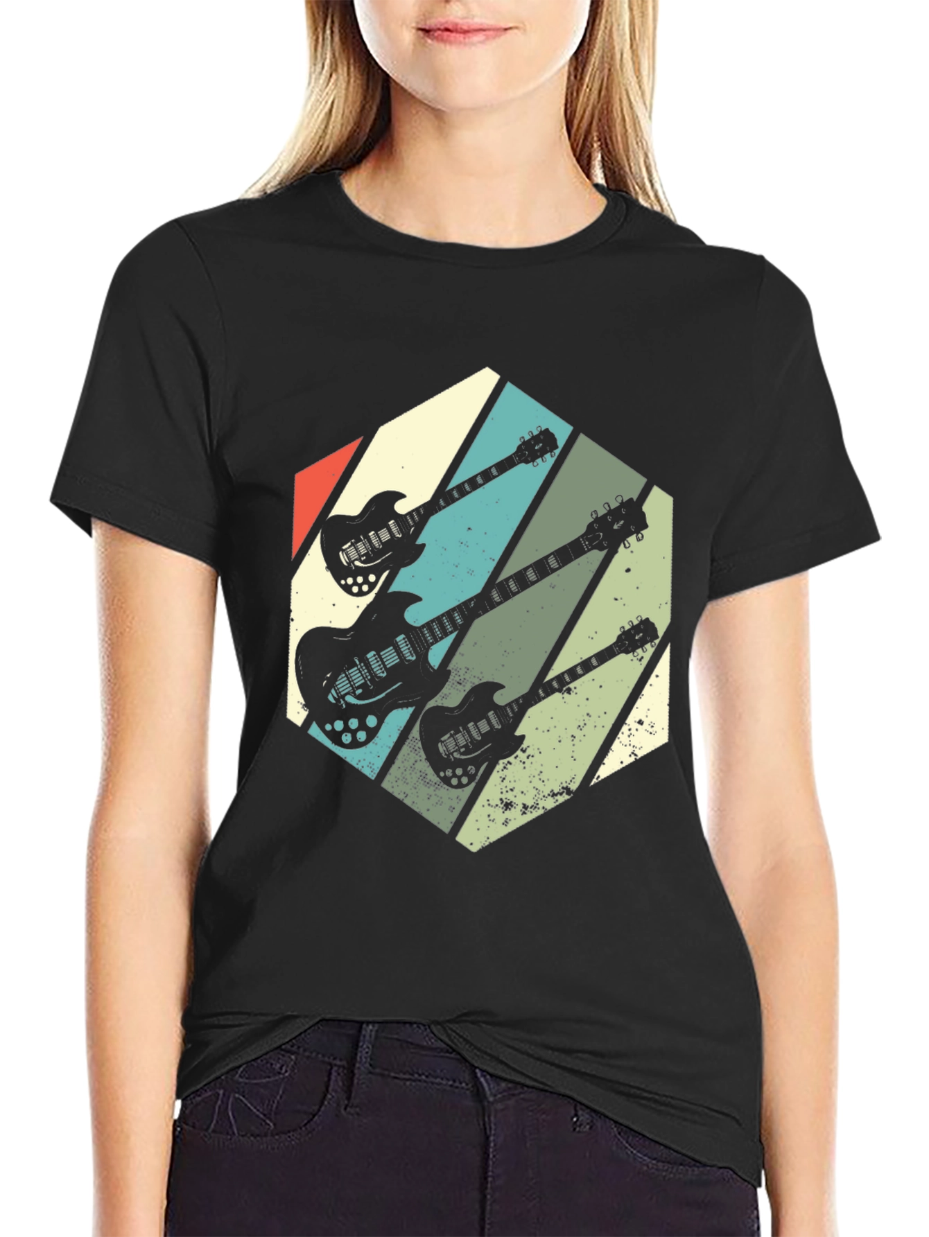 Black Retro Guitar Graphic T-Shirt - Vintage Rock Style view 2