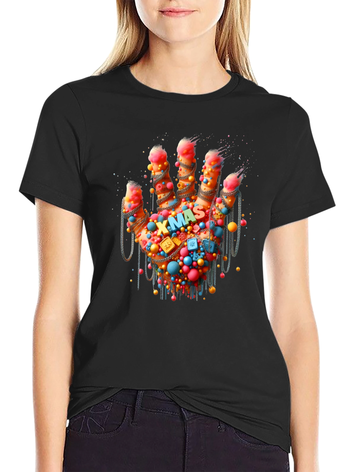 Black Festive Hand Graphic Tee - Holiday Cheer view 2