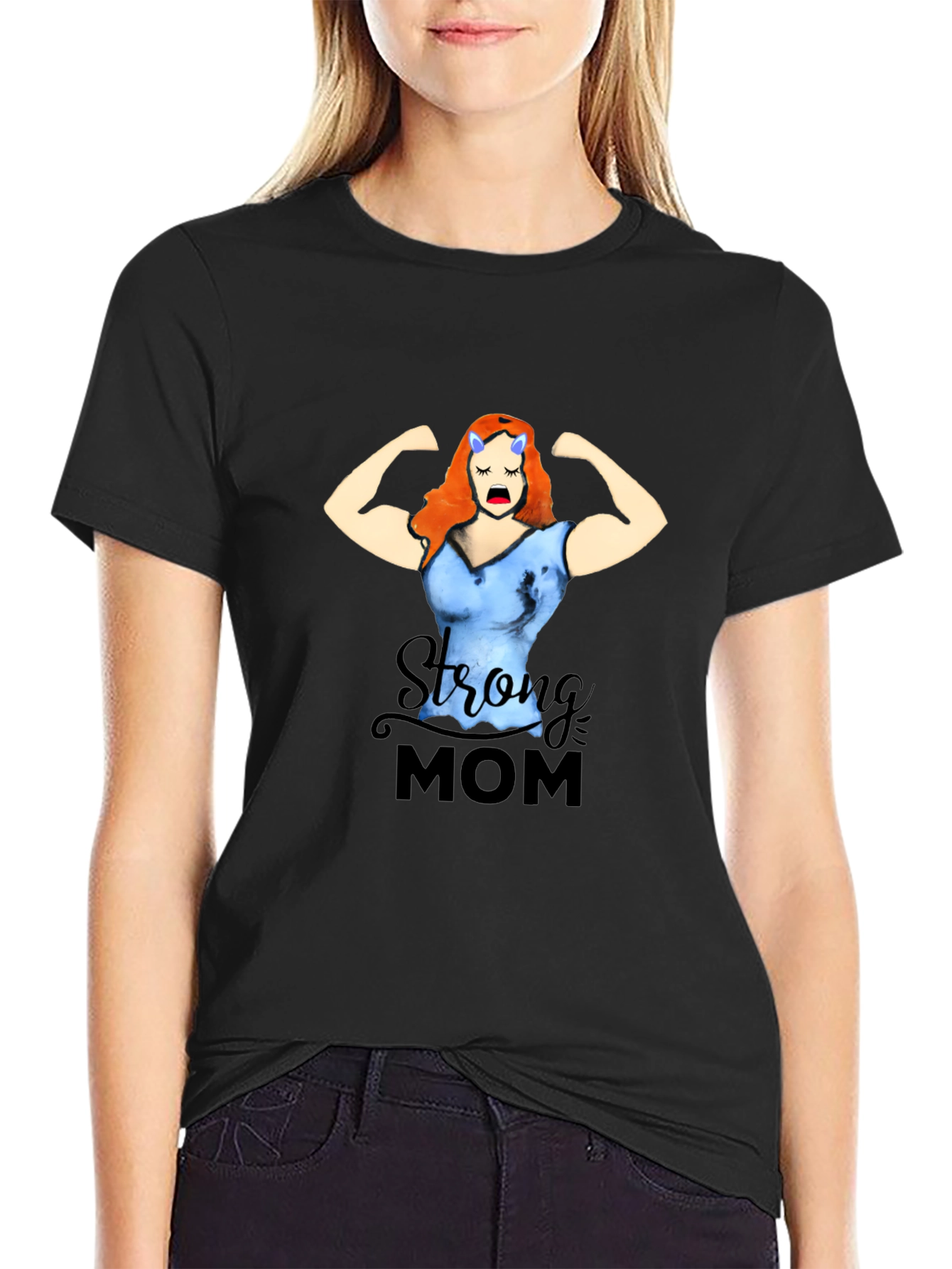 Black Strong Mom Graphic Tee - Black Cotton Blend T-Shirt view 2