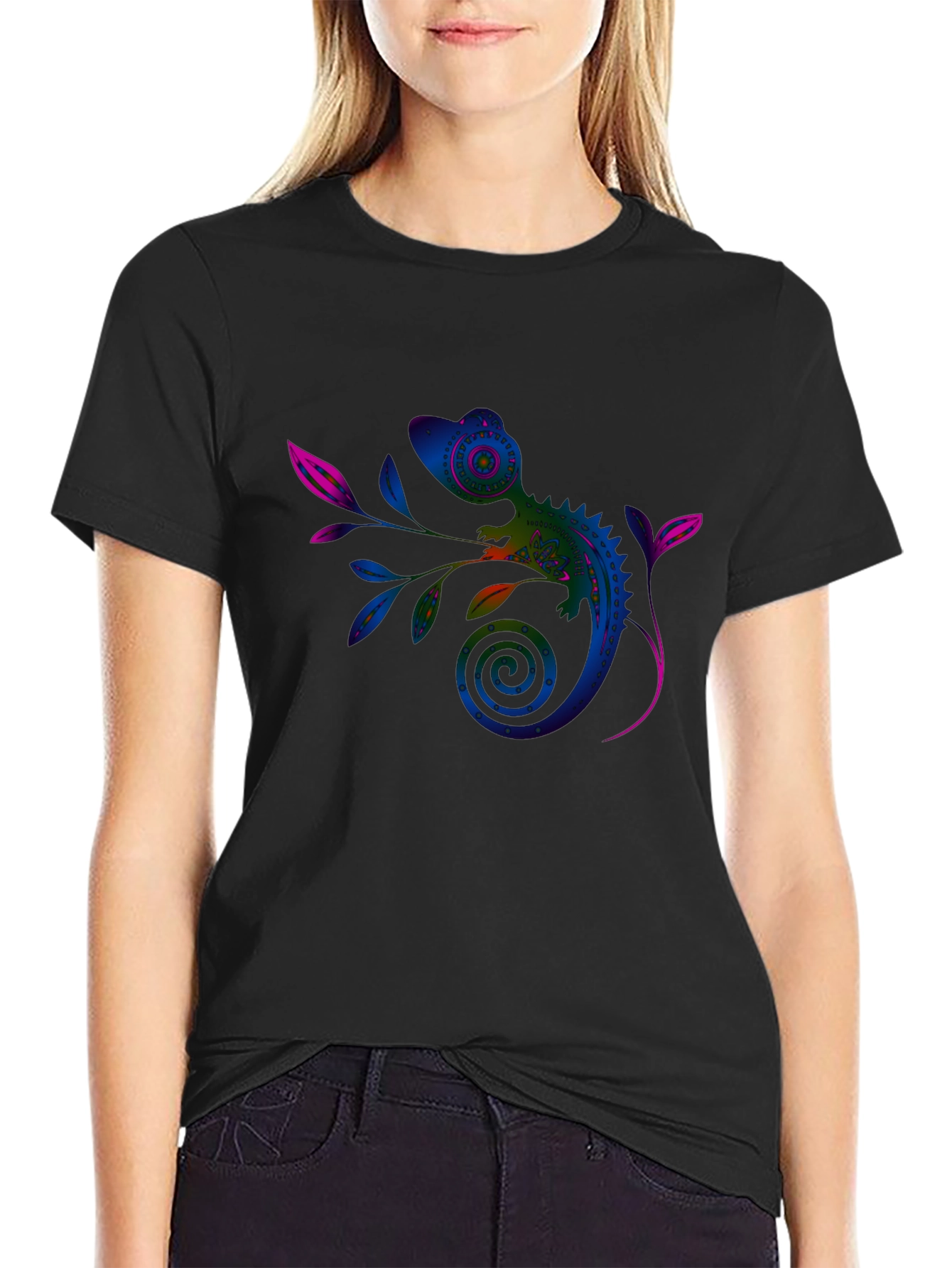 Black Vivid Chameleon Graphic Tee - Black Casual T-Shirt view 2