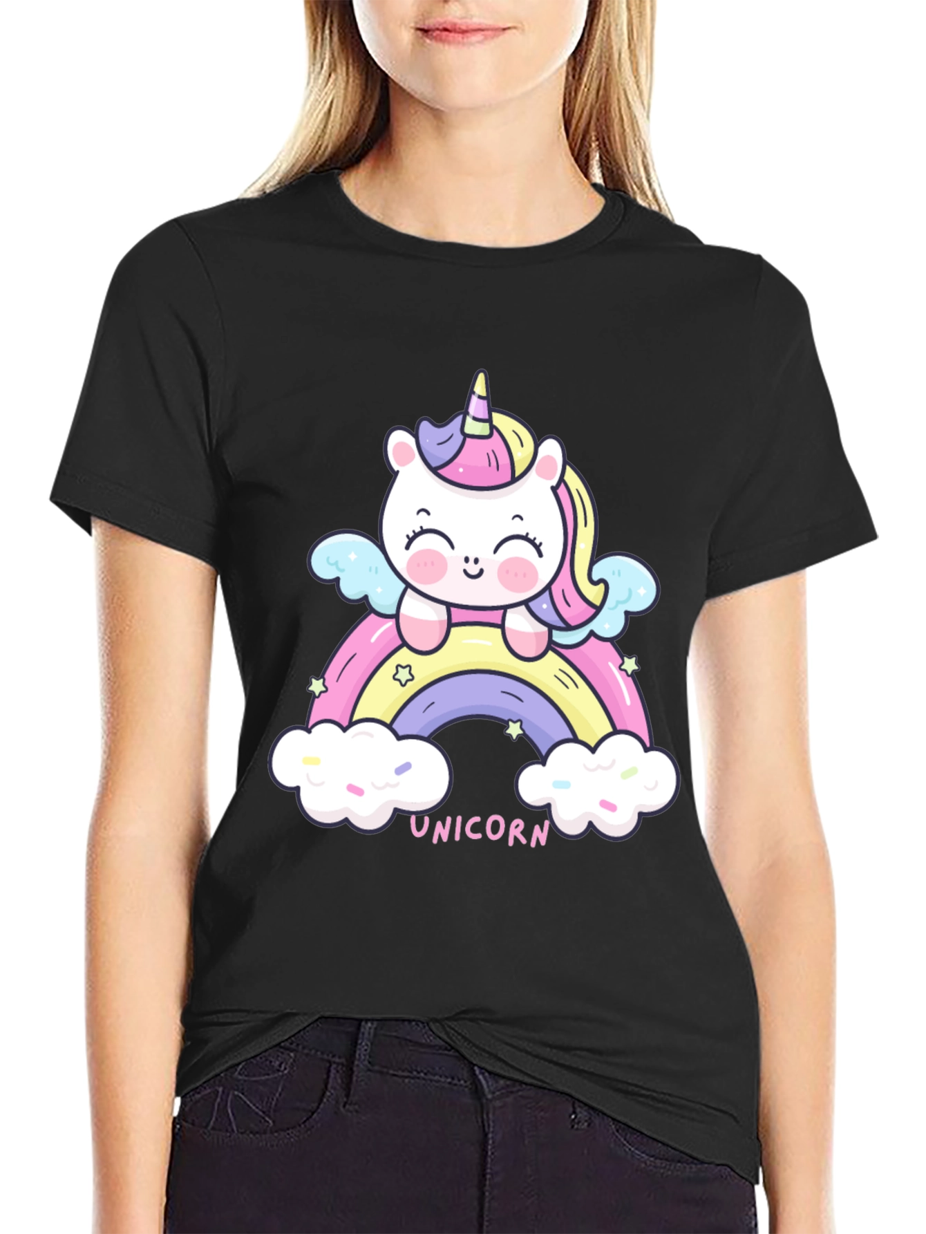 Black Unicorn Rainbow Graphic Tee - Cute Kawaii Style view 2