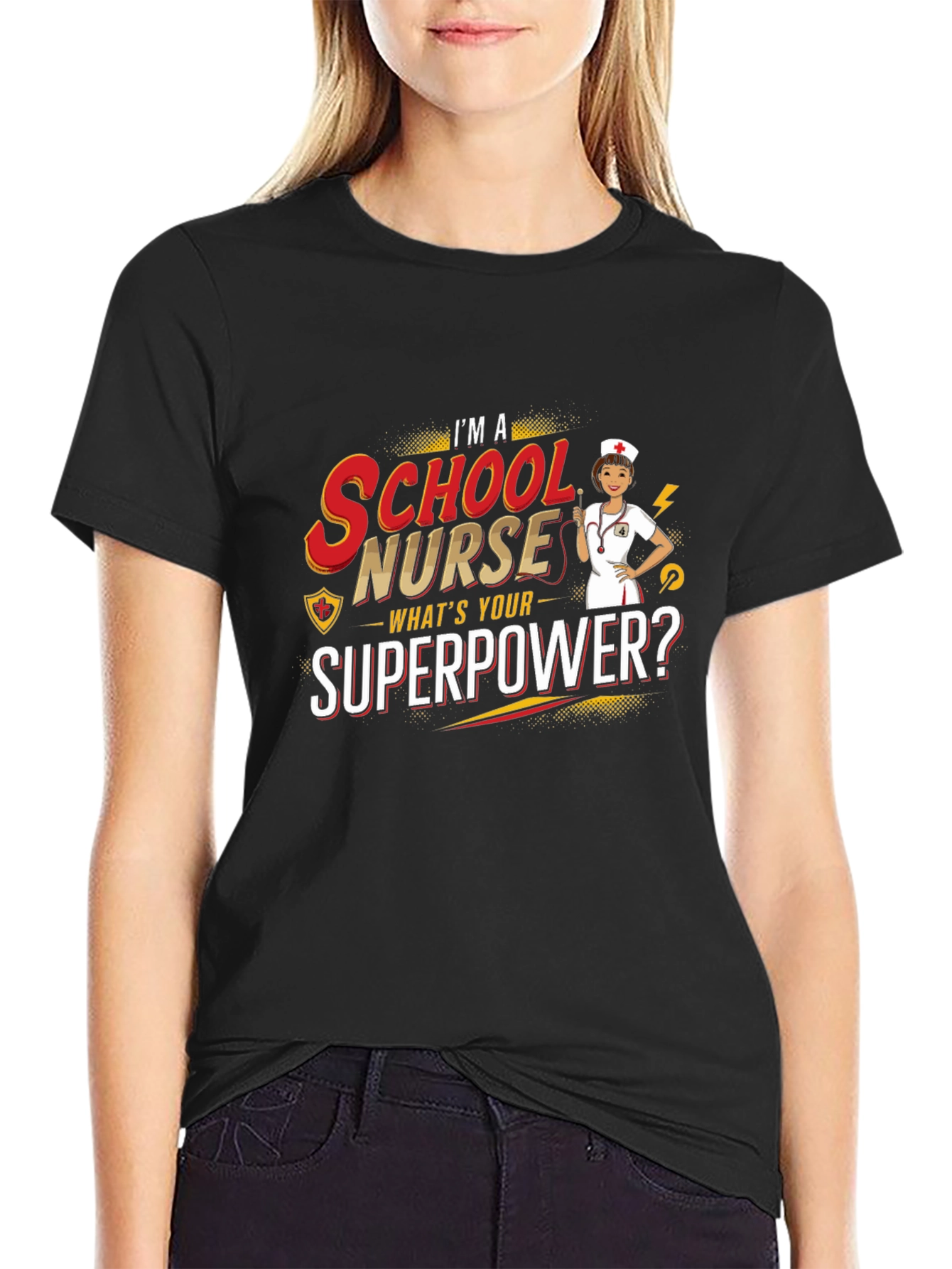 Black School Nurse Superpower T-Shirt view 2