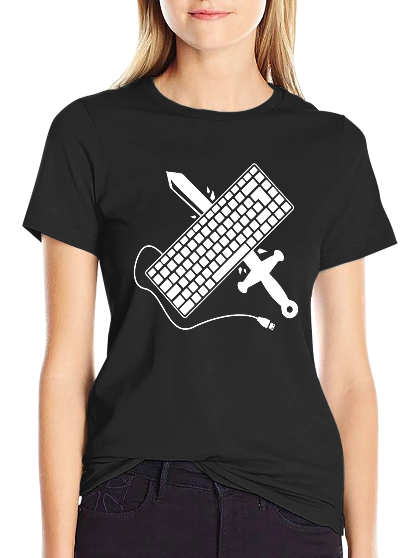 Black Keyboard Warrior T-Shirt - Gamer Sword Design view 2