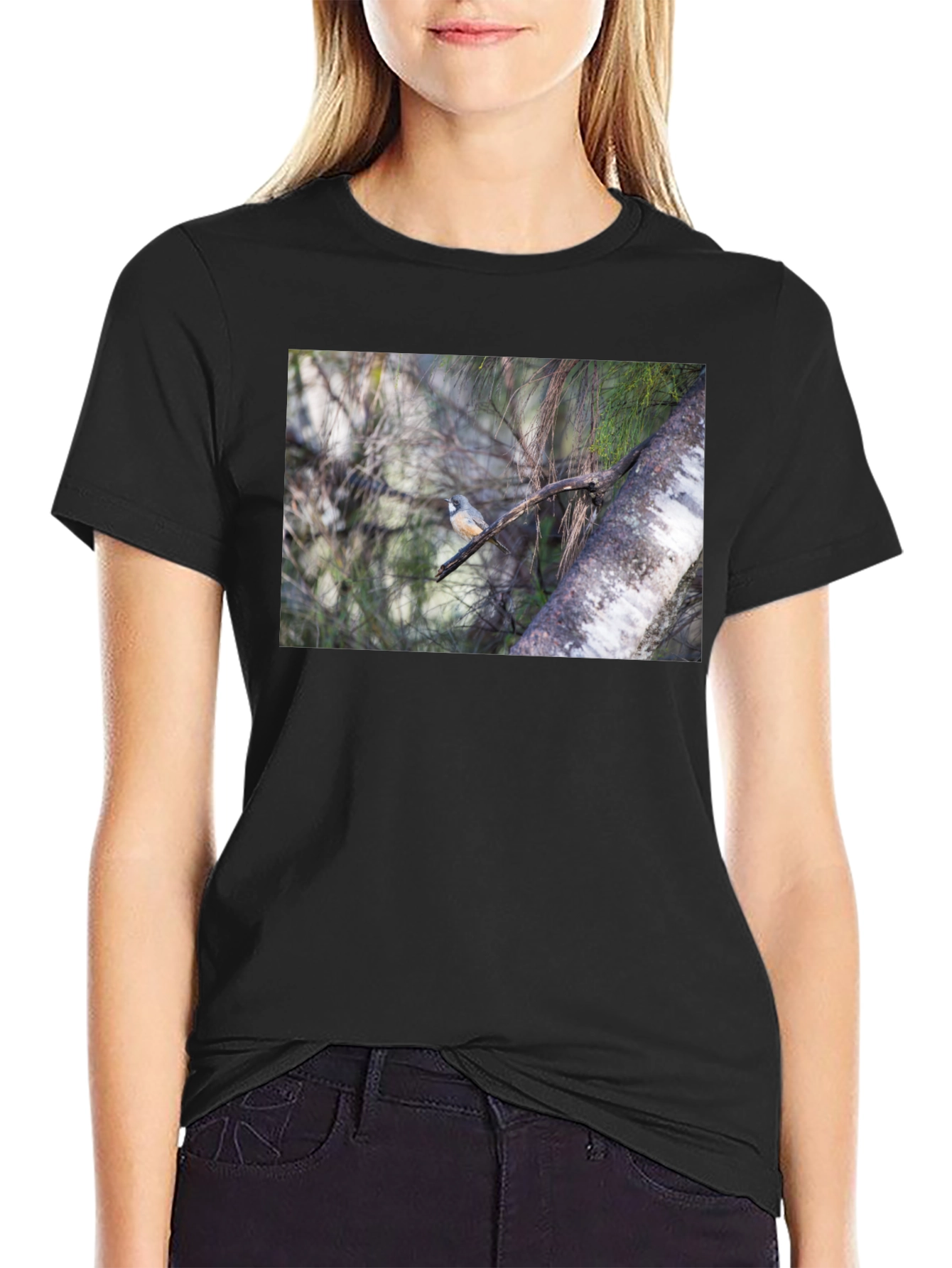 Black Bird on Branch Black T-Shirt view 2