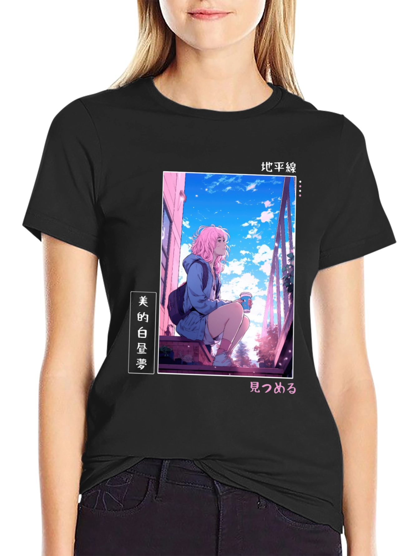 Black Anime Girl Black T-Shirt view 2