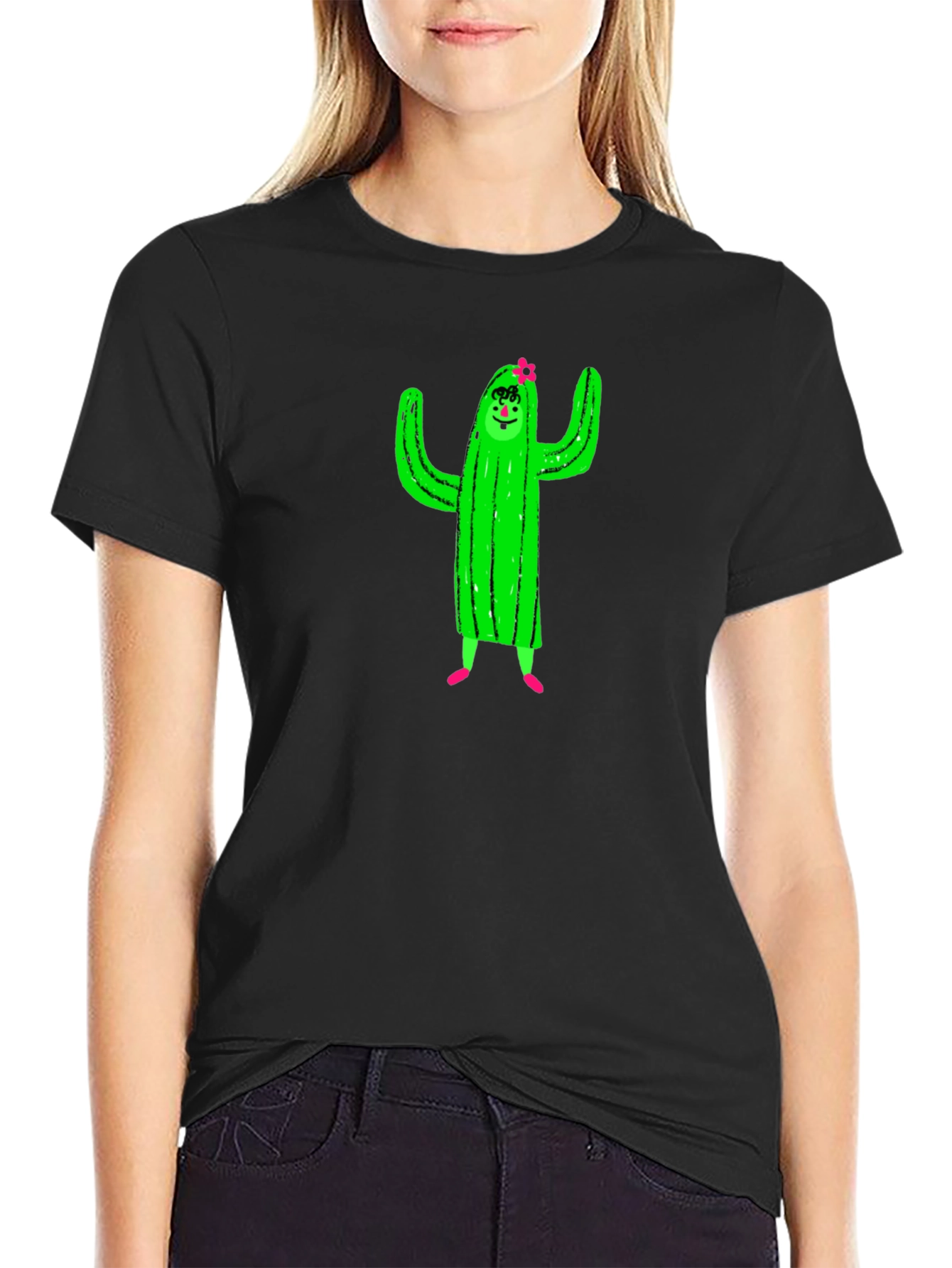 Black Cactus Character Graphic Black T-Shirt view 2