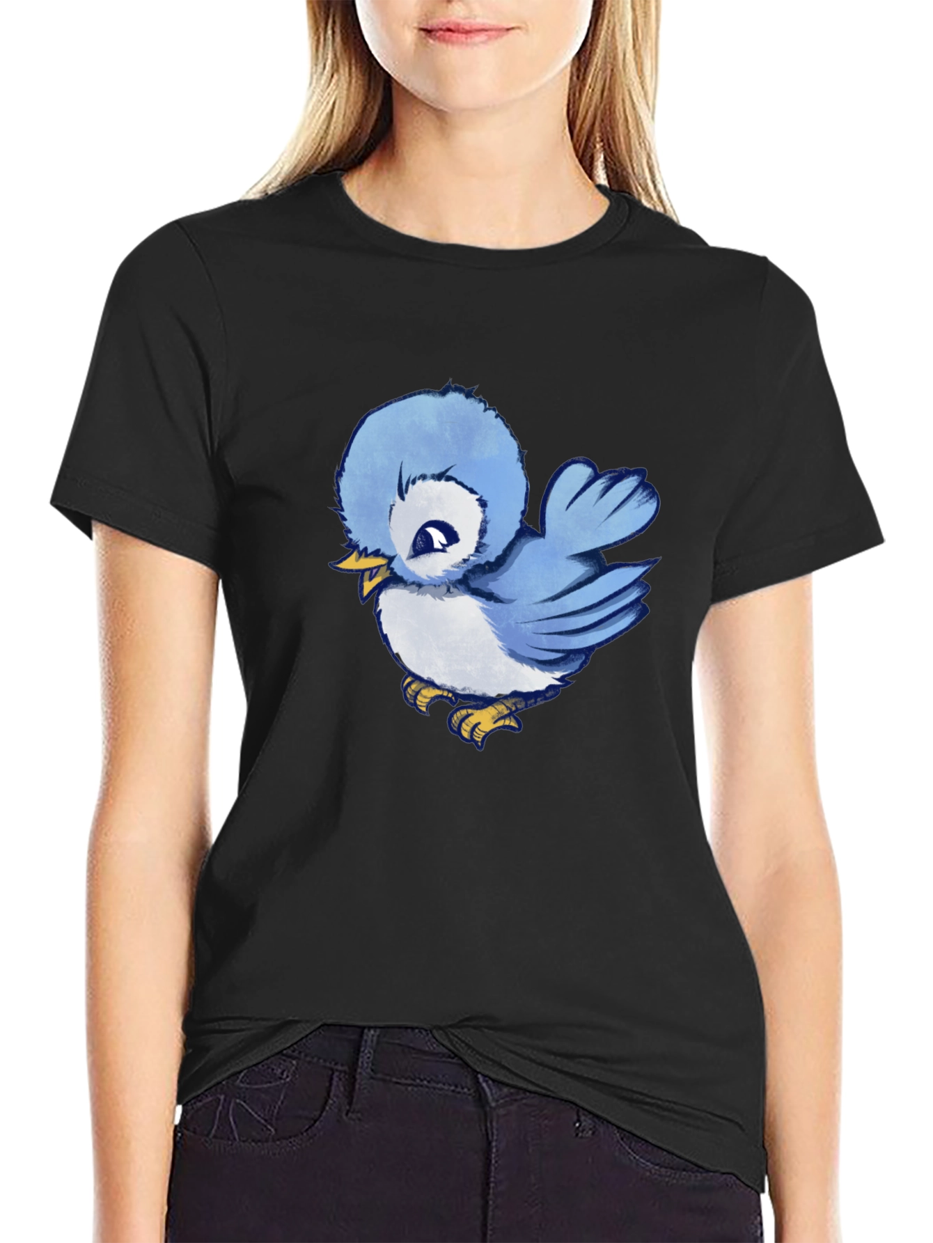 Black Cute Blue Bird Graphic T-Shirt - Soft Cotton Tee view 2