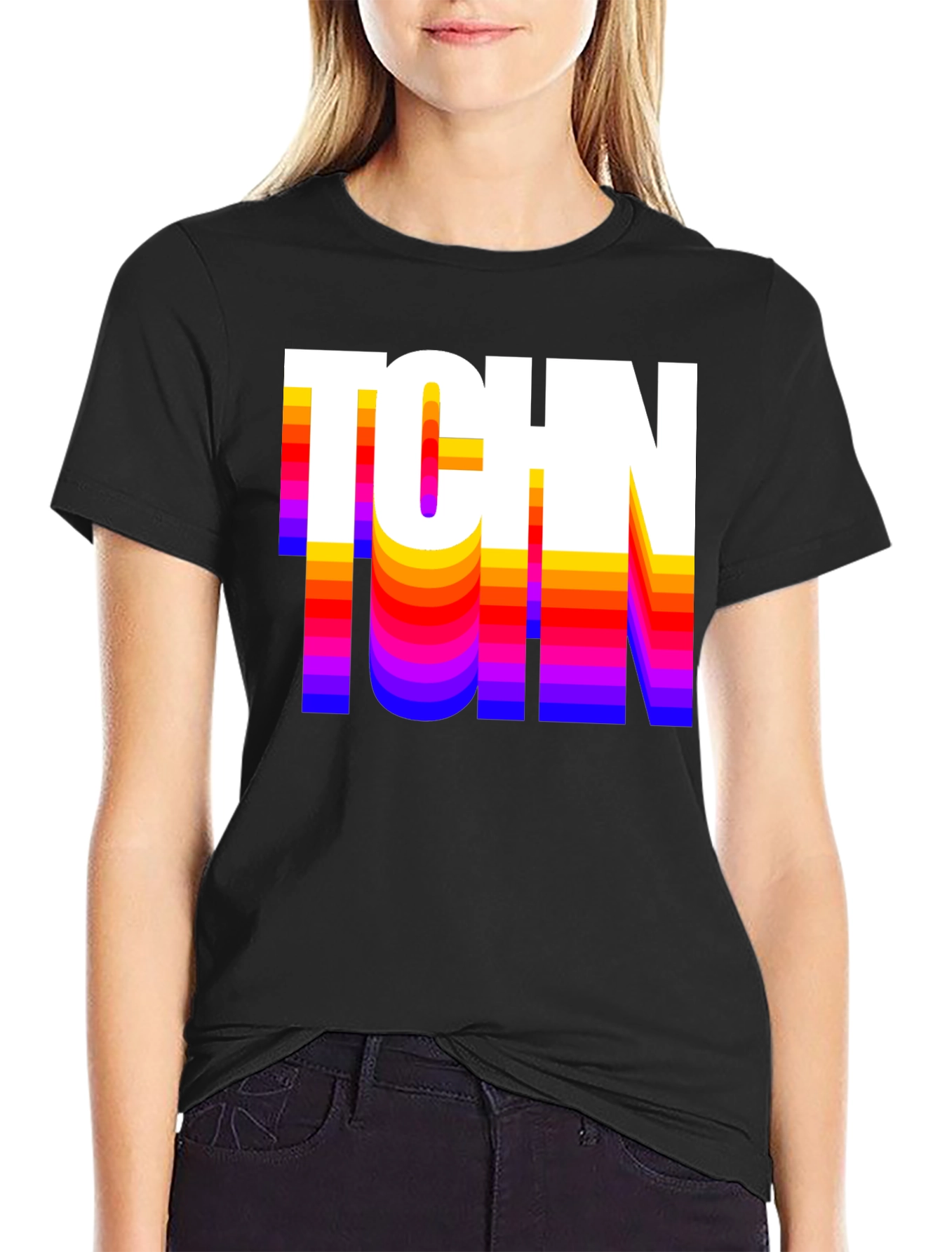 Black Retro TCHN Graphic Tee - Stylish Crew Neck T-Shirt view 2