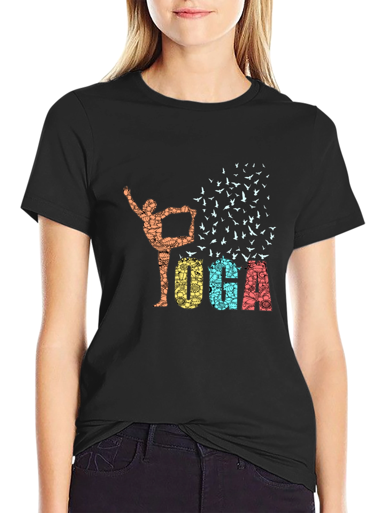 Black Yoga Pose & Birds Graphic Print Black T-Shirt view 2