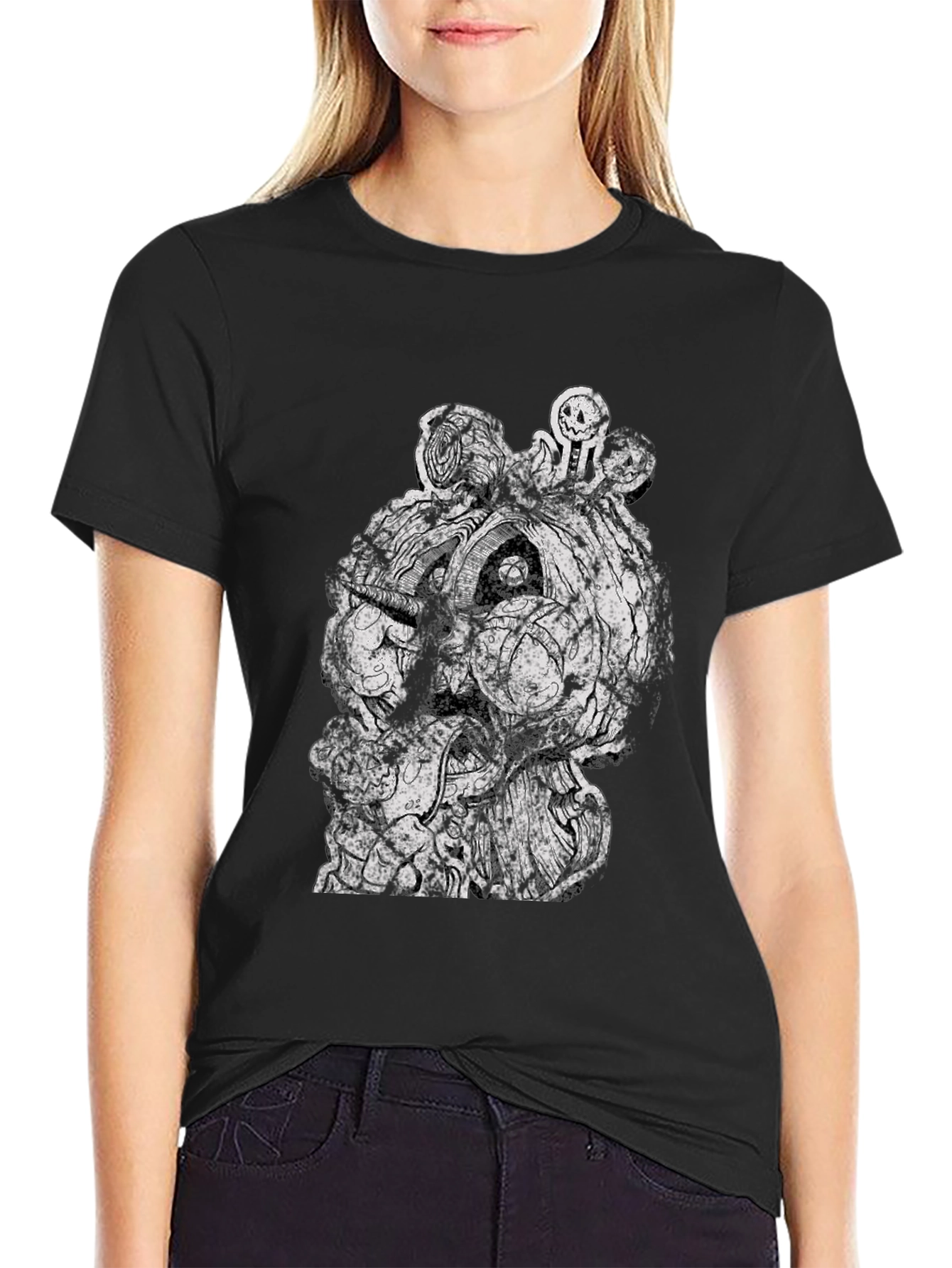 Black Creepy Pumpkin Graphic Tee - Black Cotton T-Shirt view 2