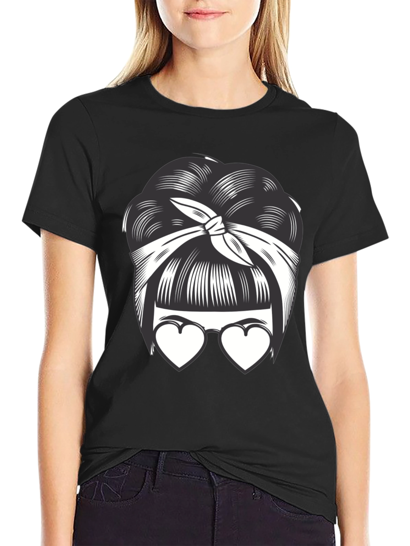 Black Bandana Bun & Heart Glasses Graphic T-Shirt view 2