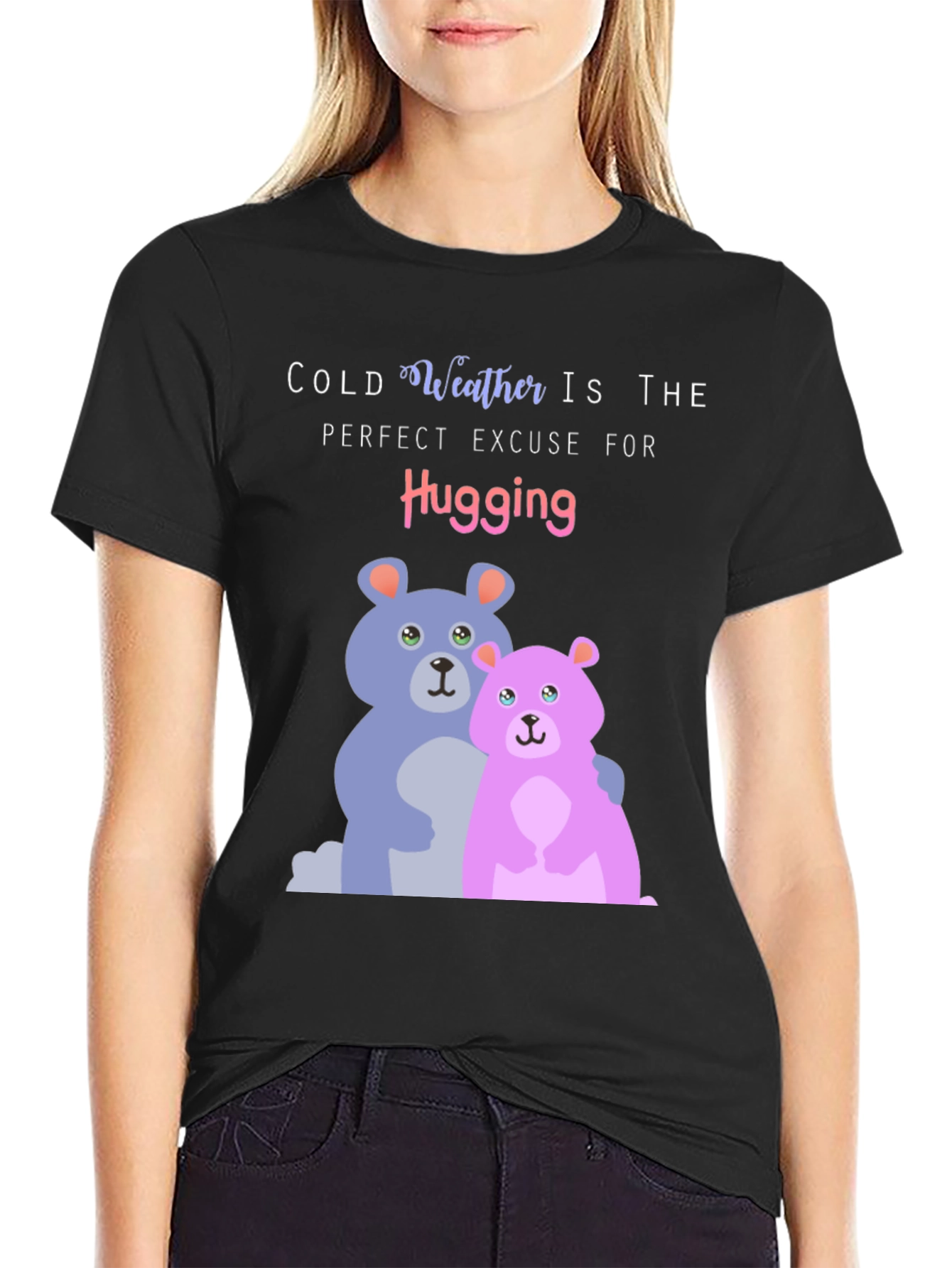Black Cute Hugging Bears T-Shirt: Perfect for Cold Weather! view 2