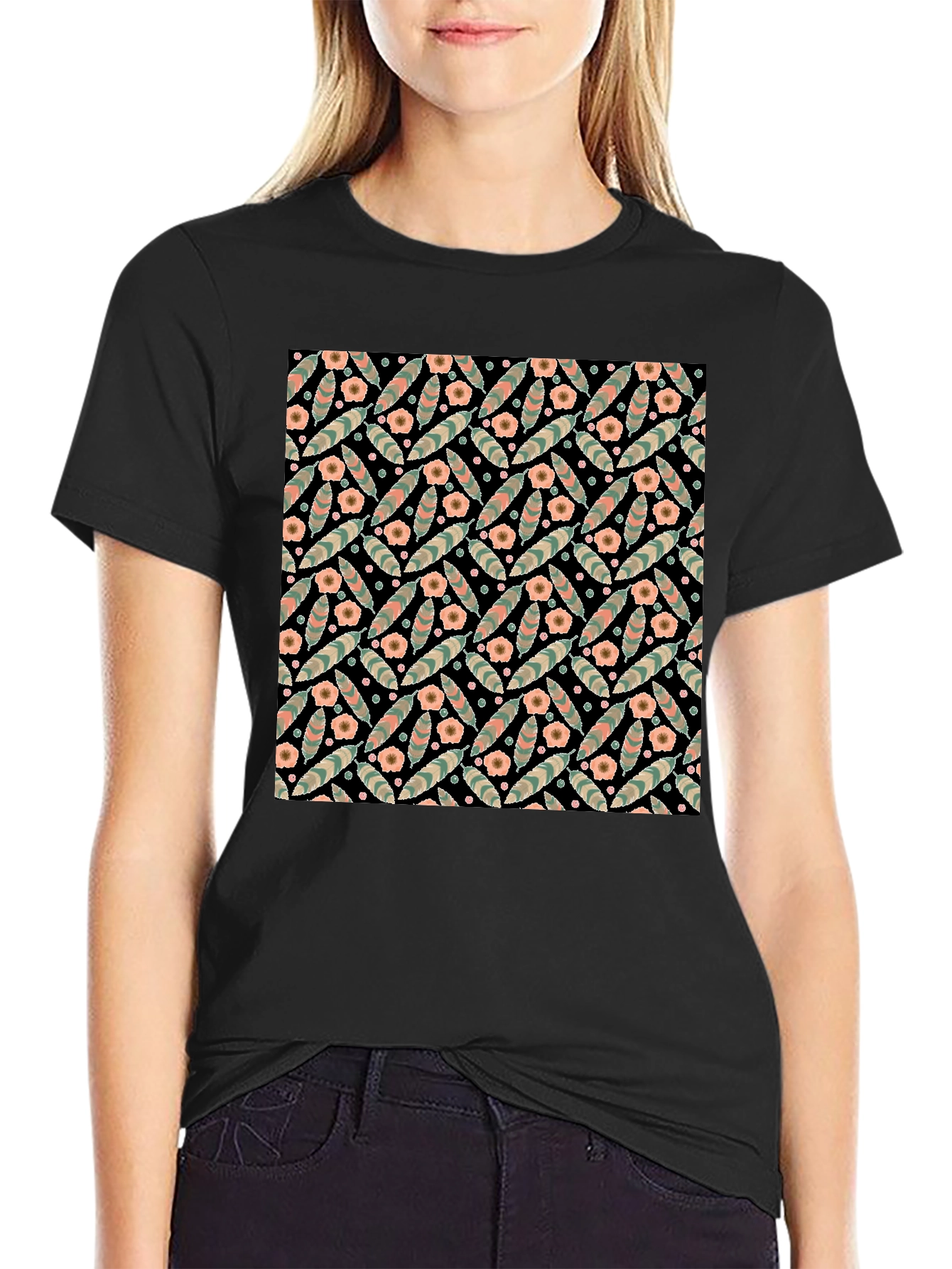 Black Floral Patterned Black T-Shirt view 2