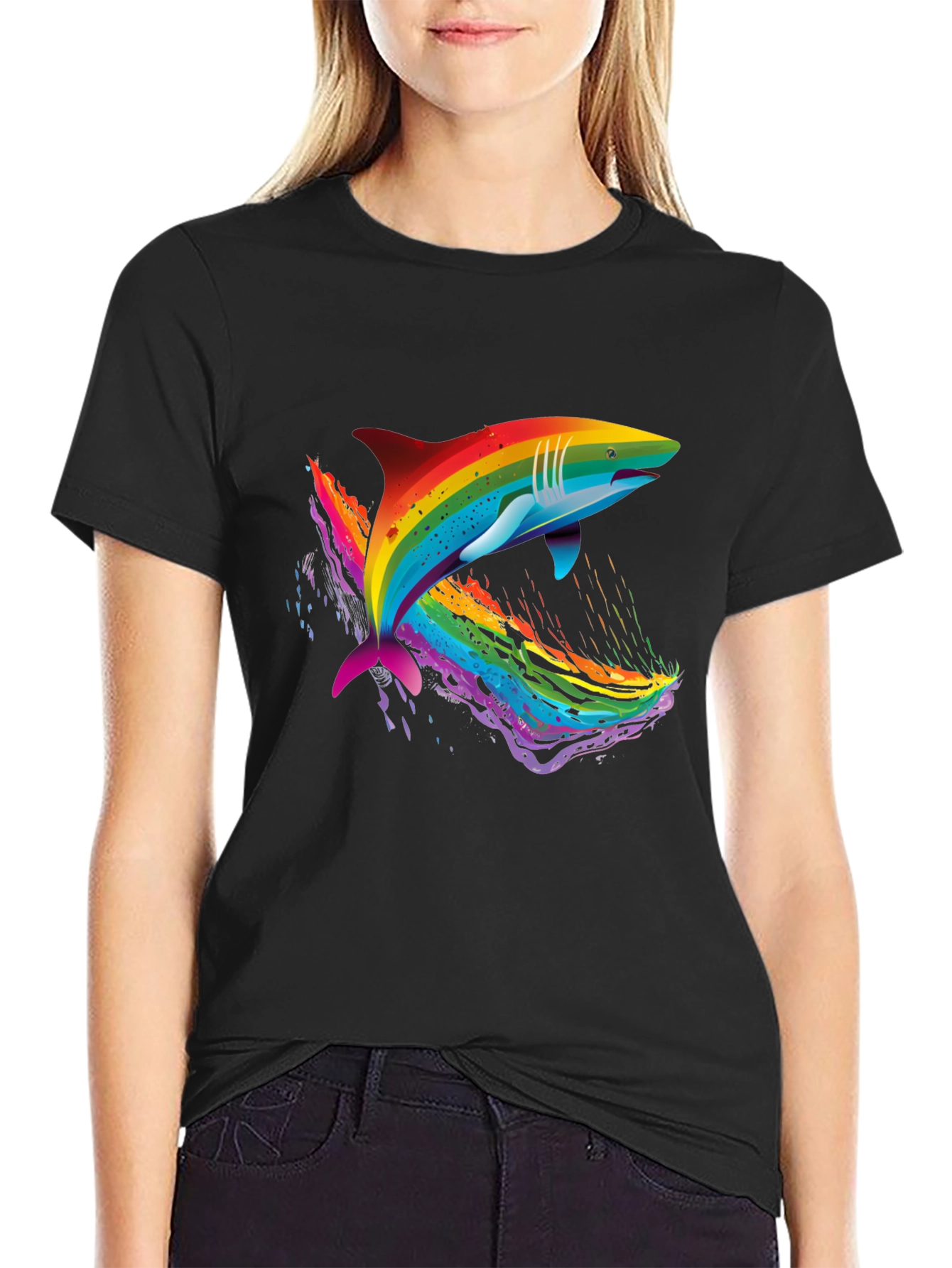 Black Rainbow Shark Graphic Black T-Shirt view 2