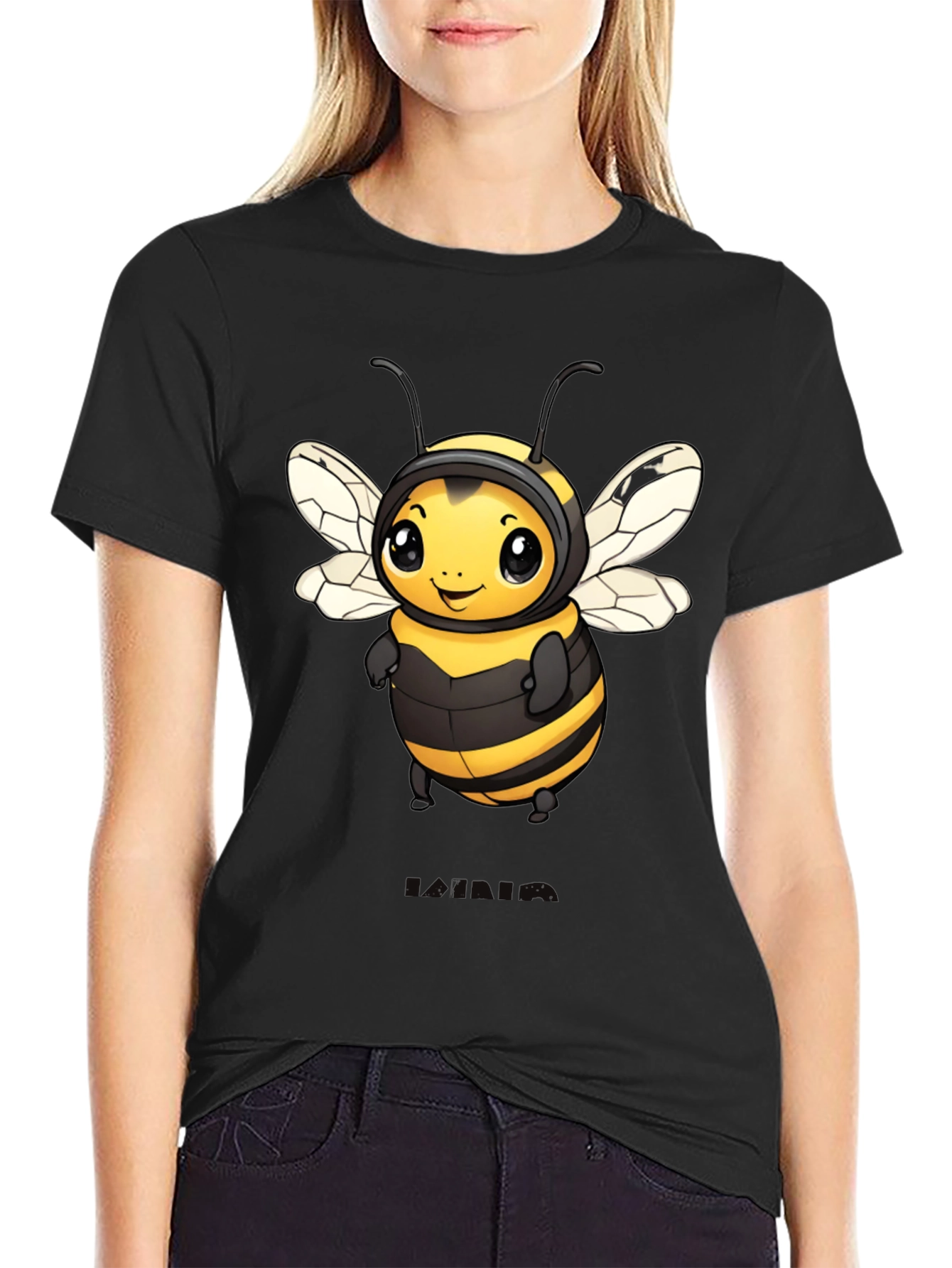 Black Cute Bee Graphic Black T-Shirt view 2