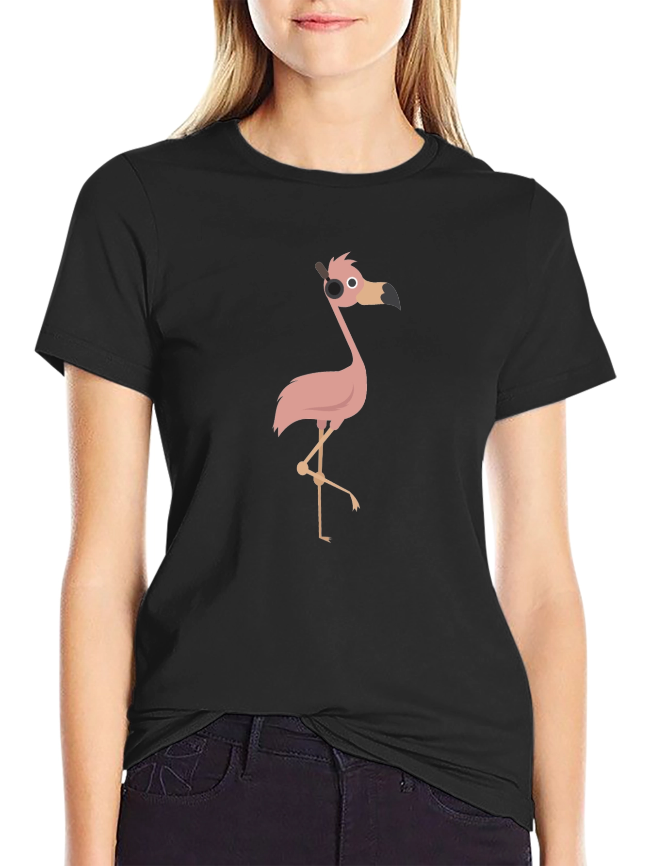 Black Cartoon Flamingo T-Shirt - Black view 2