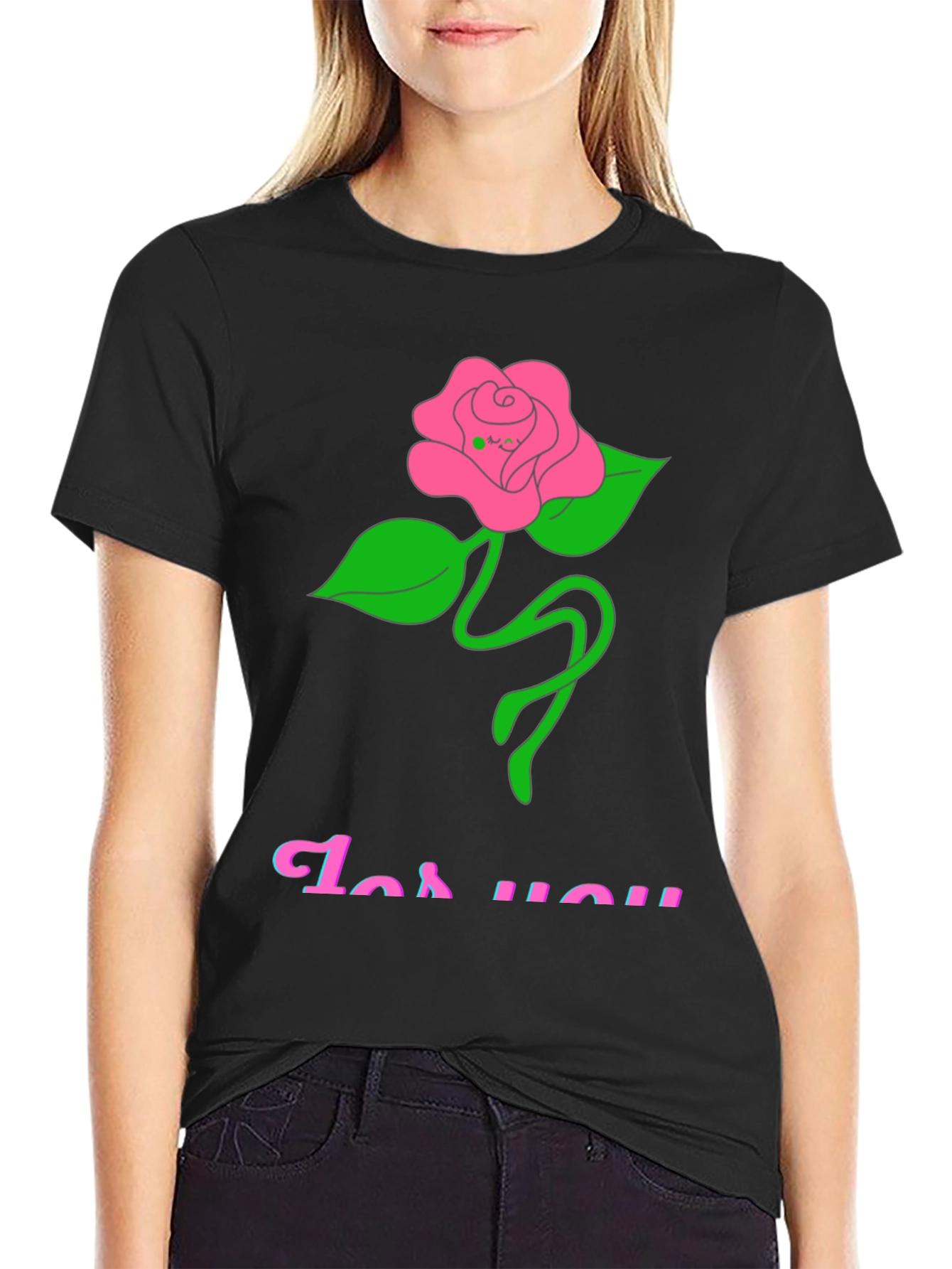 Black Black T-Shirt with Rose "For You" Graphic view 2