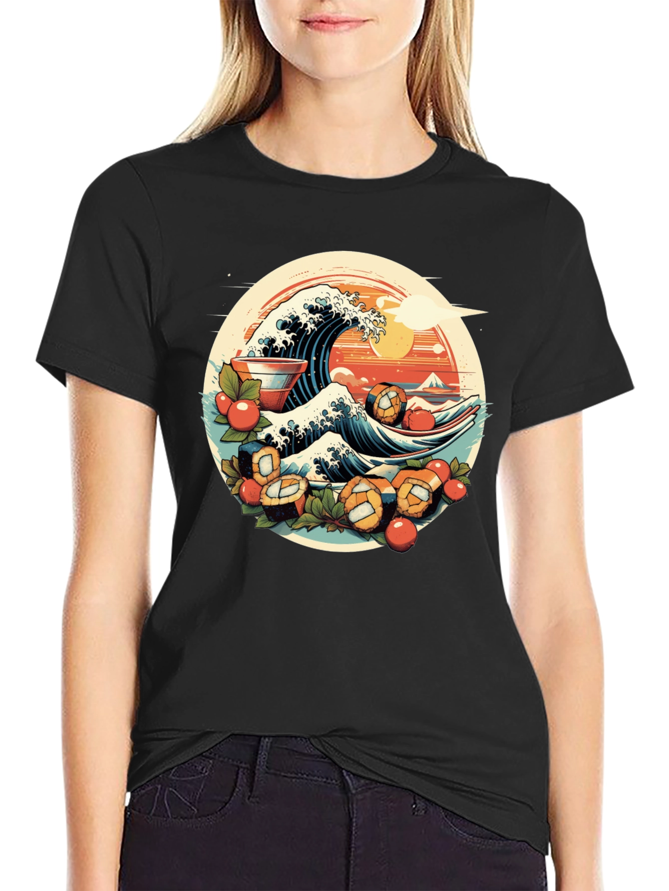Black Sushi Wave Graphic Tee - Unique Japanese Art Shirt view 2