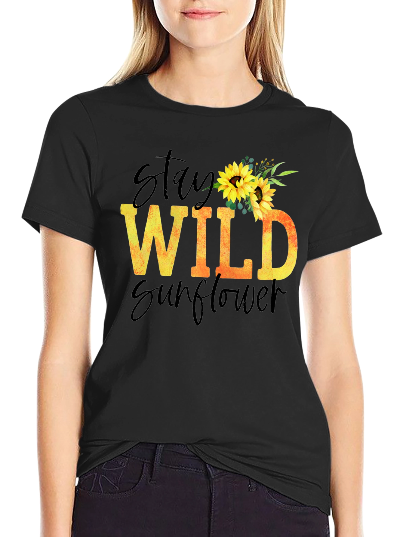 Black Stay Wild Sunflower Graphic T-Shirt view 2