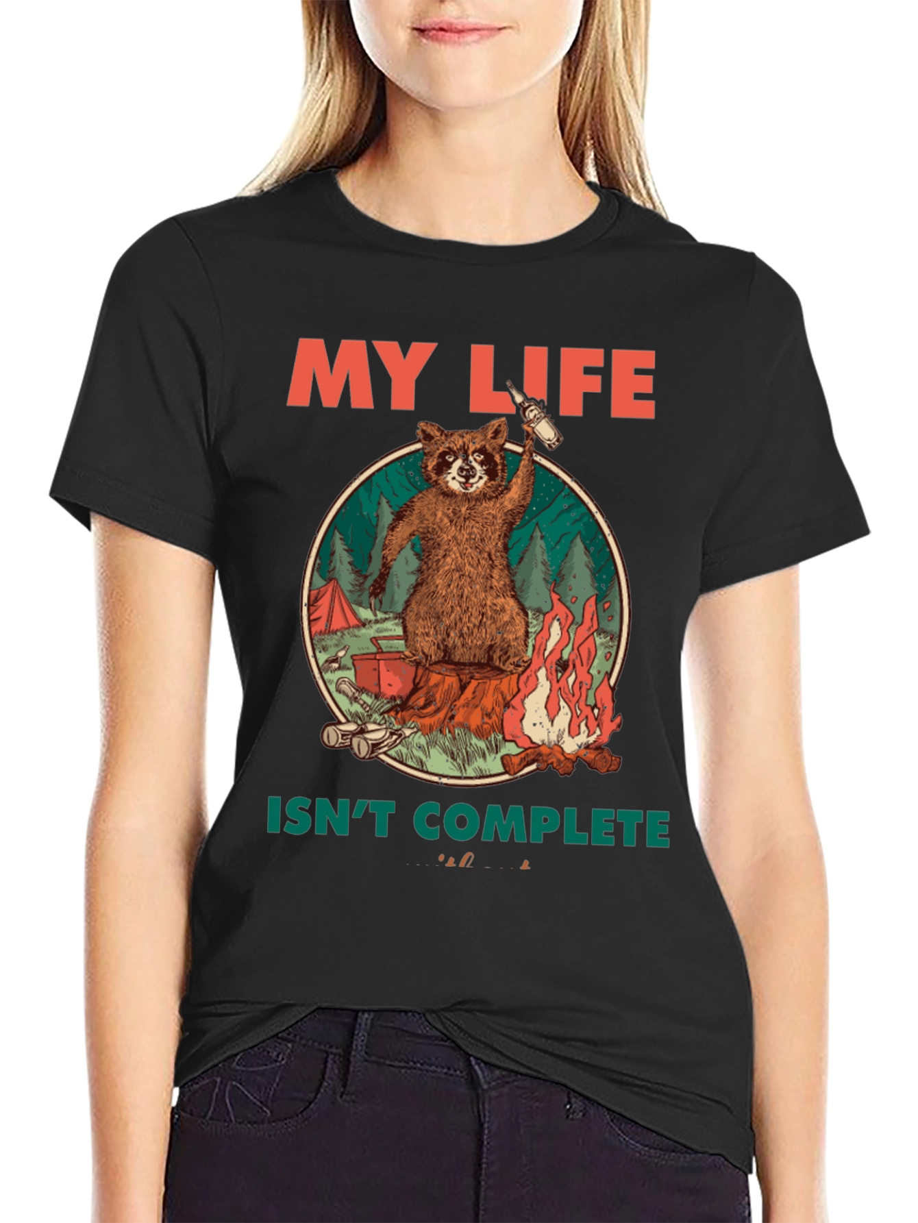 Black My Life Isn't Complete Raccoon Camping T-Shirt view 2
