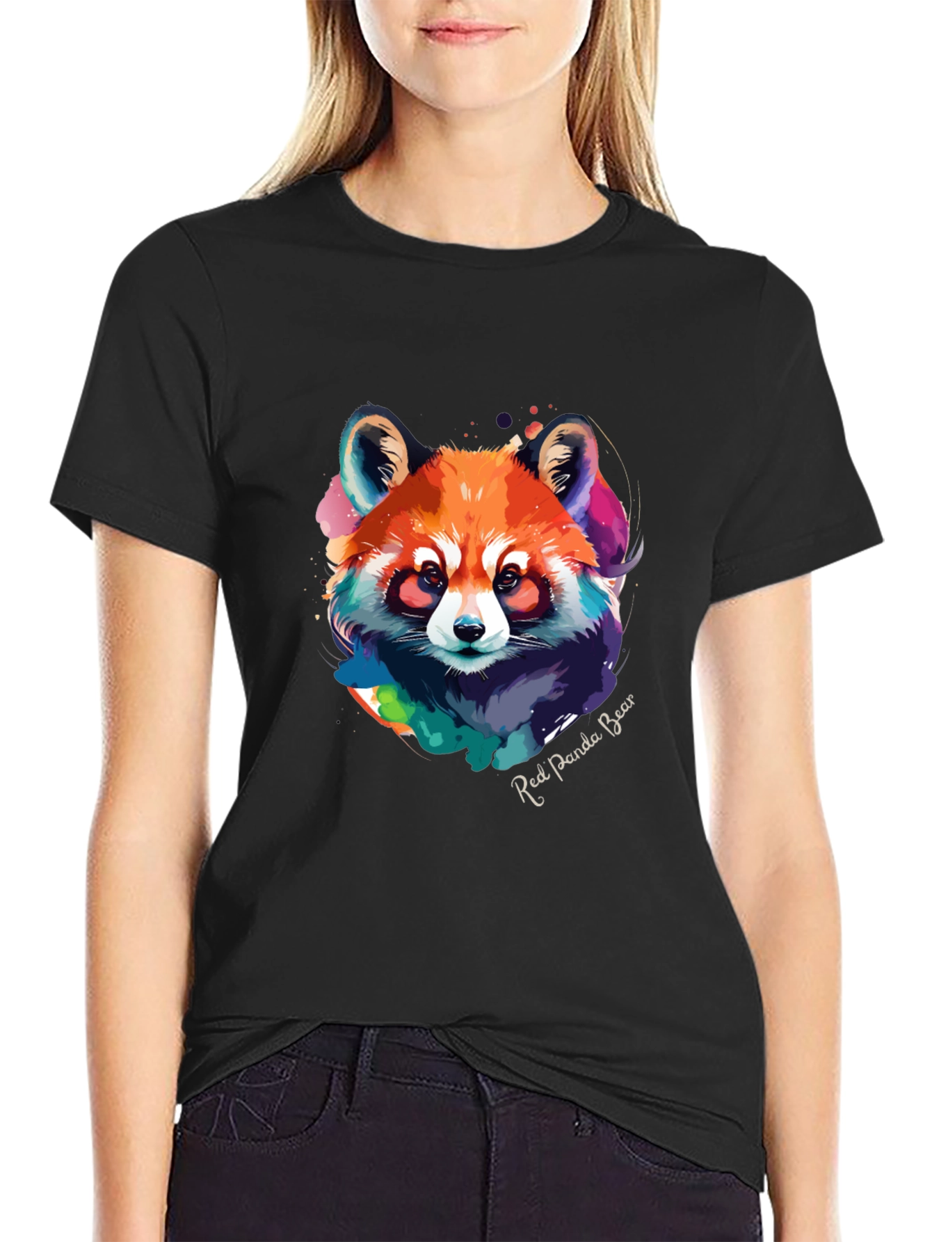 Black Red Panda Bear Graphic Tee - Watercolor Design view 2