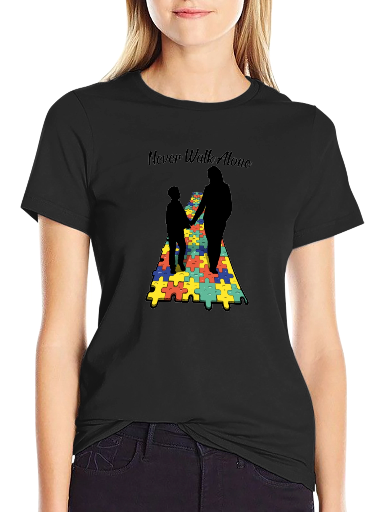 Black Never Walk Alone Autism Puzzle T-Shirt view 2