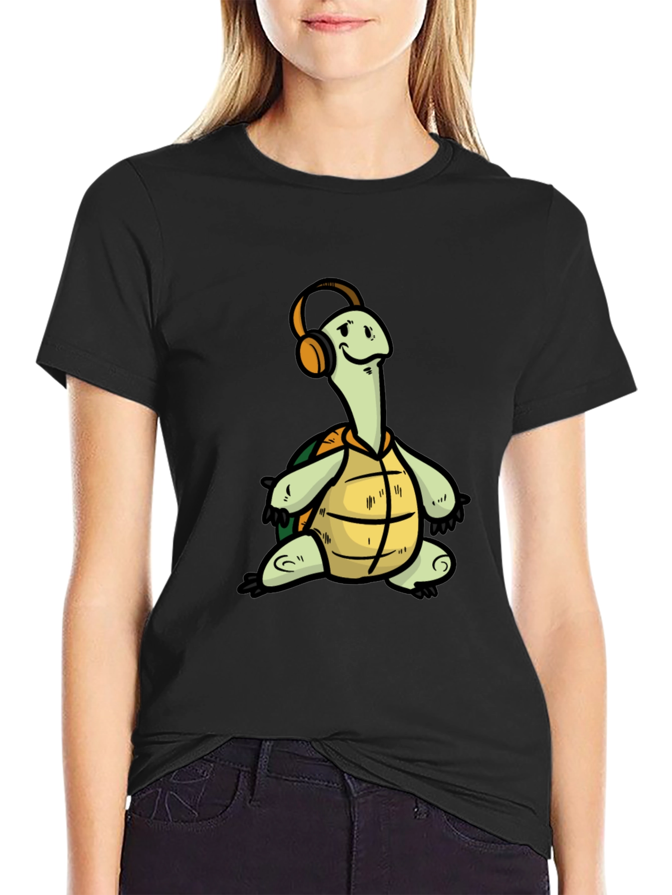 Black Turtle with Headphones Graphic T-Shirt view 2