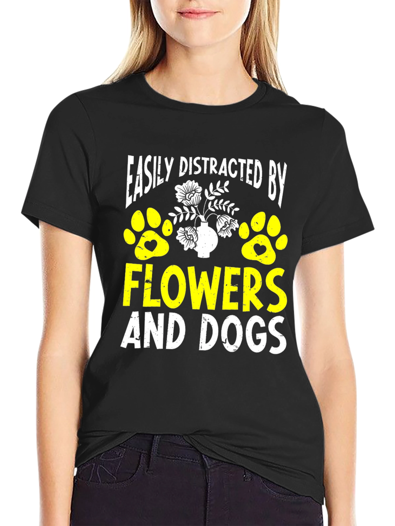 Black Easily Distracted By Flowers And Dogs T-Shirt view 2