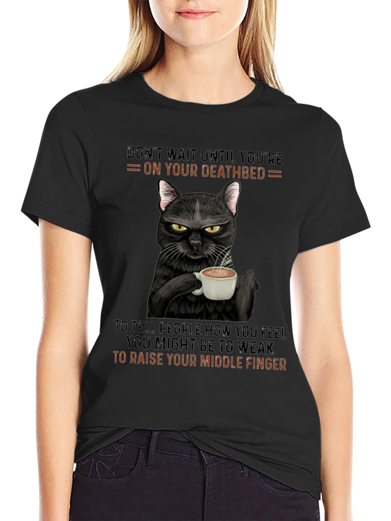 Black Sarcastic Cat Middle Finger T-Shirt view 2
