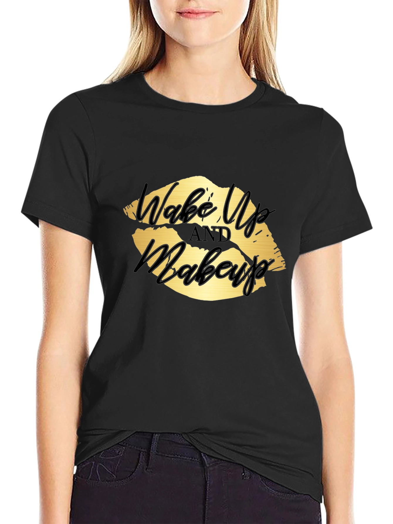 Black Wake Up and Makeup Lips Graphic T-Shirt view 2