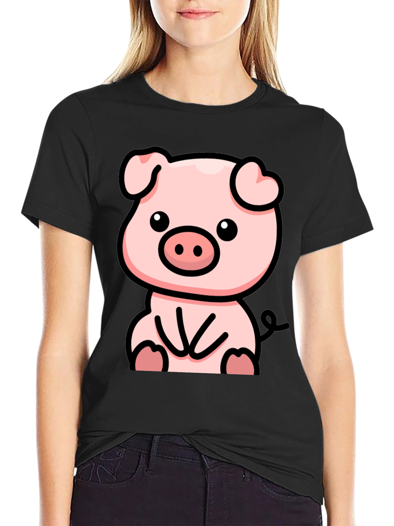 Black Cute Cartoon Pig Black T-Shirt view 2