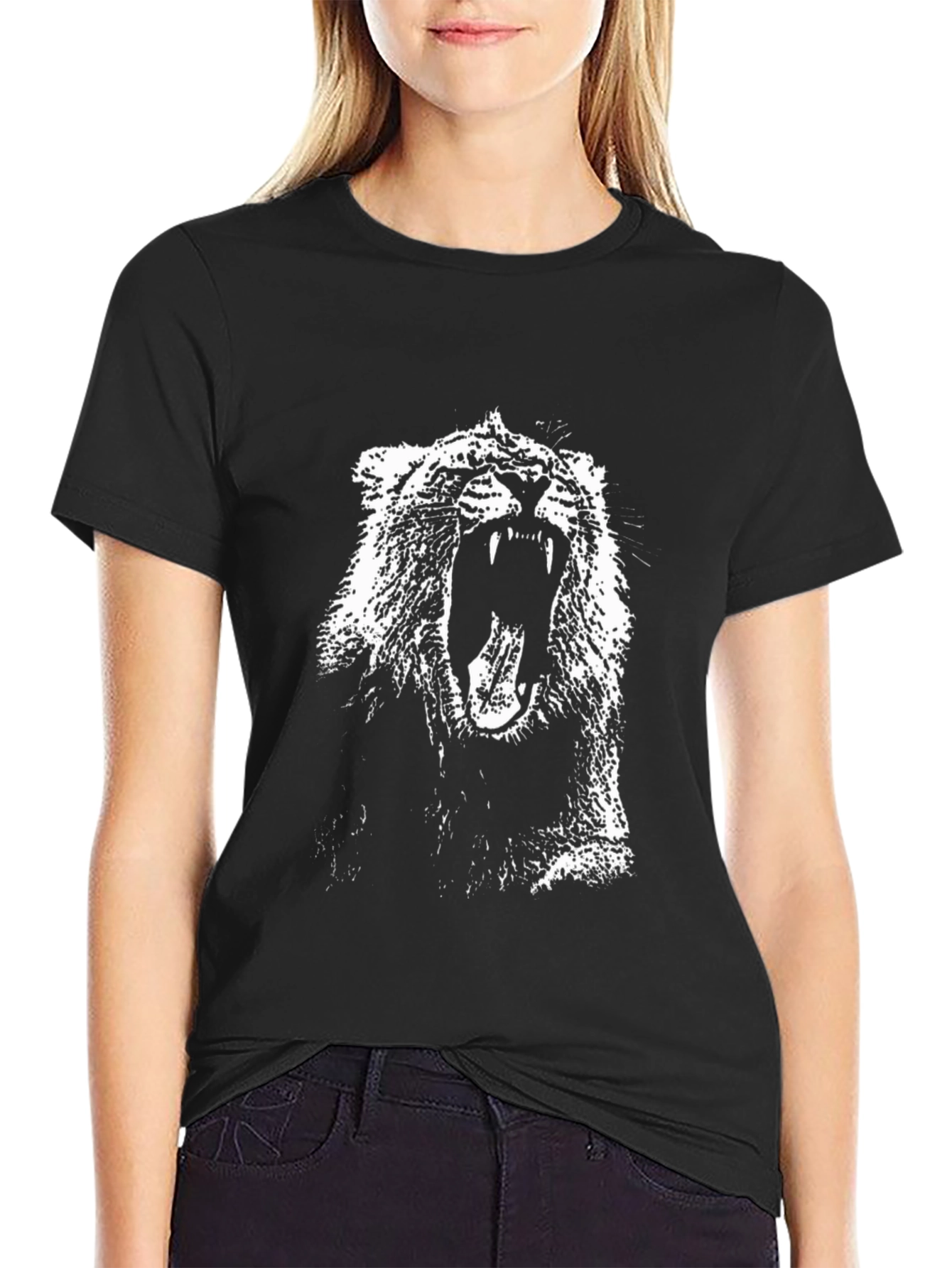 Black Roaring Lion Graphic Tee - Black Cotton T-Shirt view 2