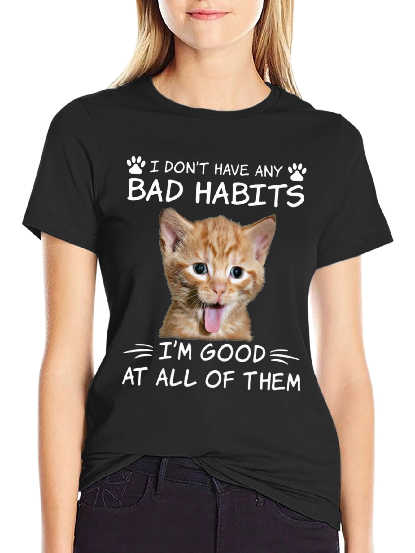 Black Funny Cat Bad Habits Graphic Tee view 2